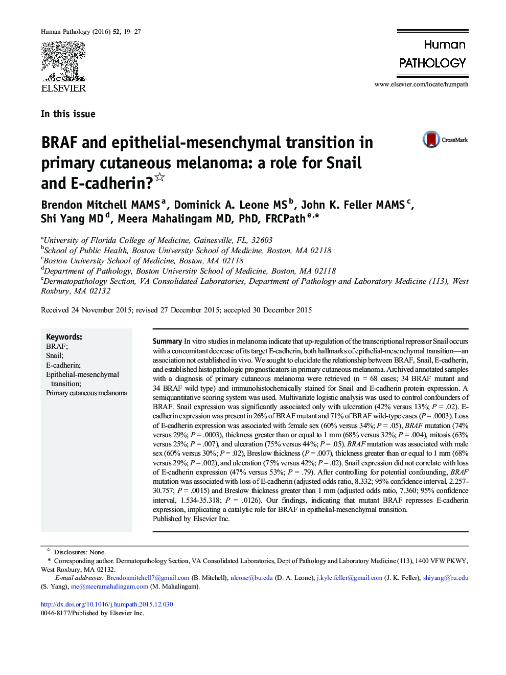 BRAF and epithelial-mesenchymal transition in primary cutaneous melanoma: a role for Snail and E-cadherin?