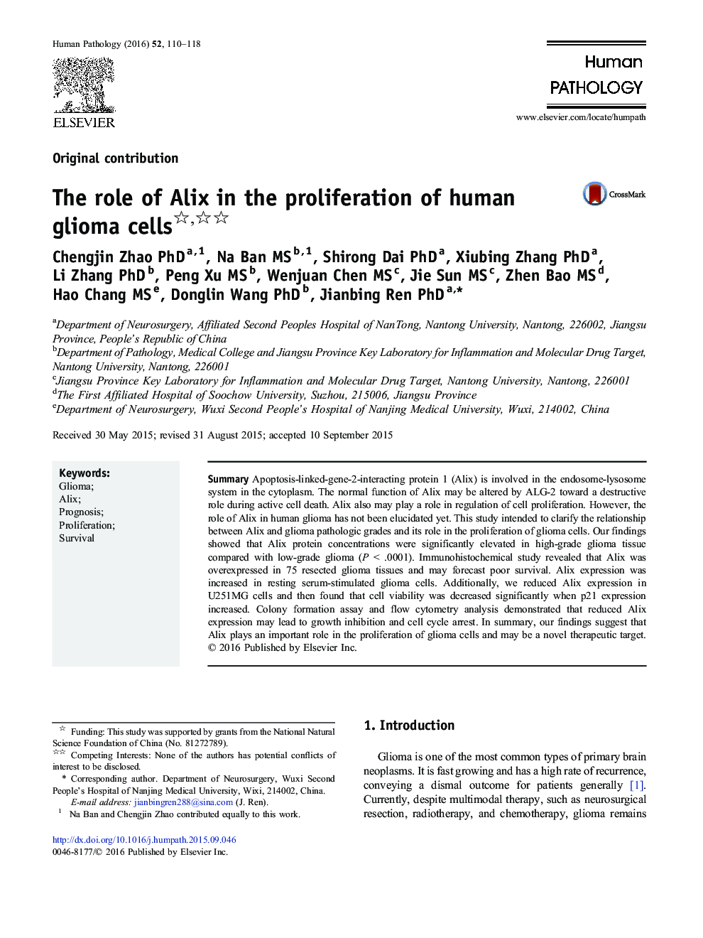 The role of Alix in the proliferation of human glioma cells