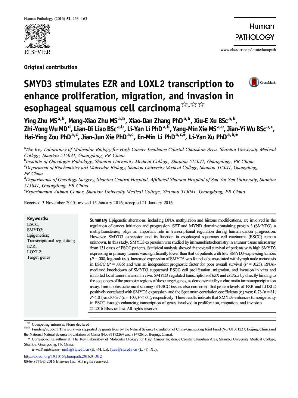 SMYD3 stimulates EZR and LOXL2 transcription to enhance proliferation, migration, and invasion in esophageal squamous cell carcinoma