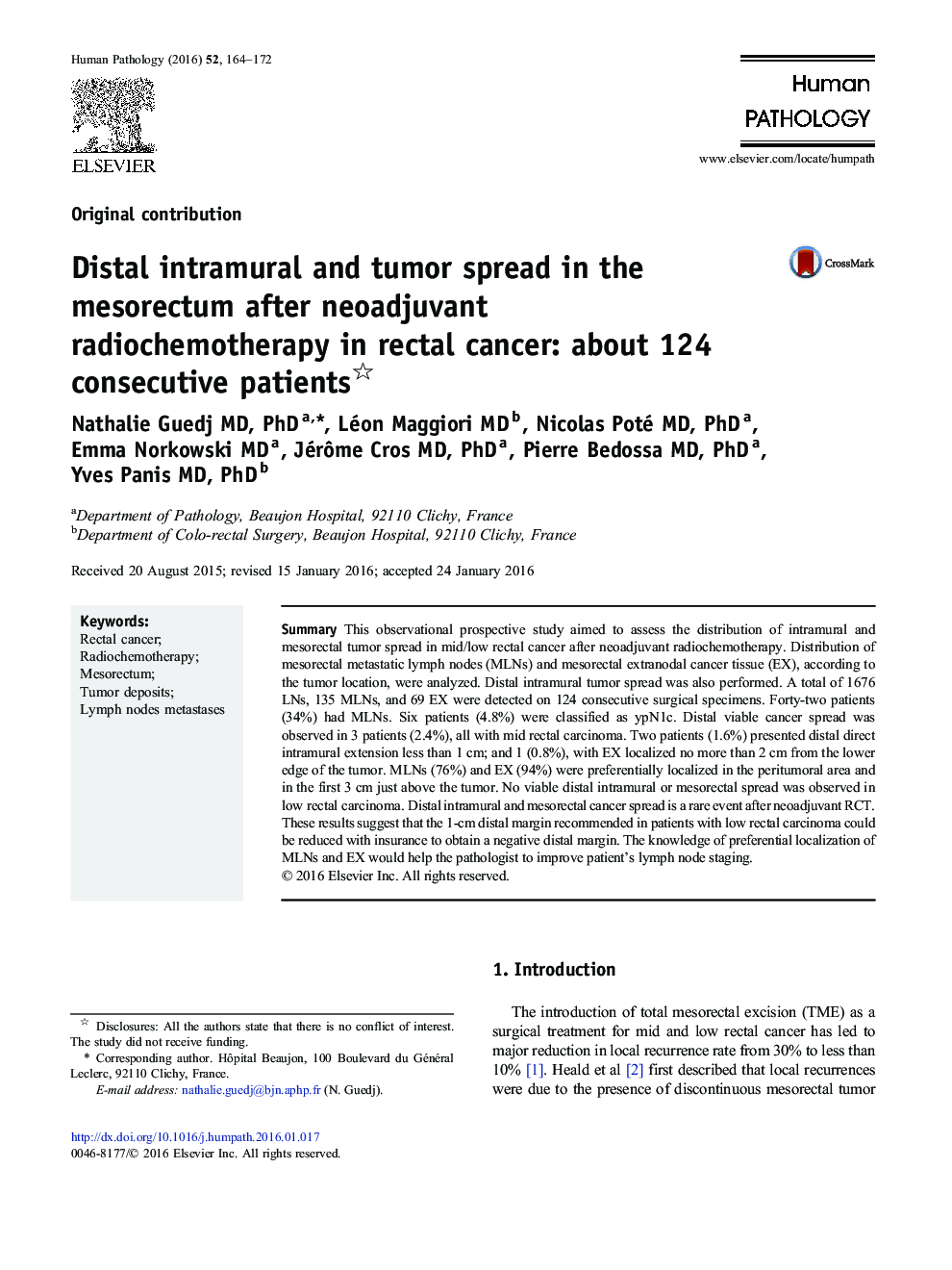 Distal intramural and tumor spread in the mesorectum after neoadjuvant radiochemotherapy in rectal cancer: about 124 consecutive patients