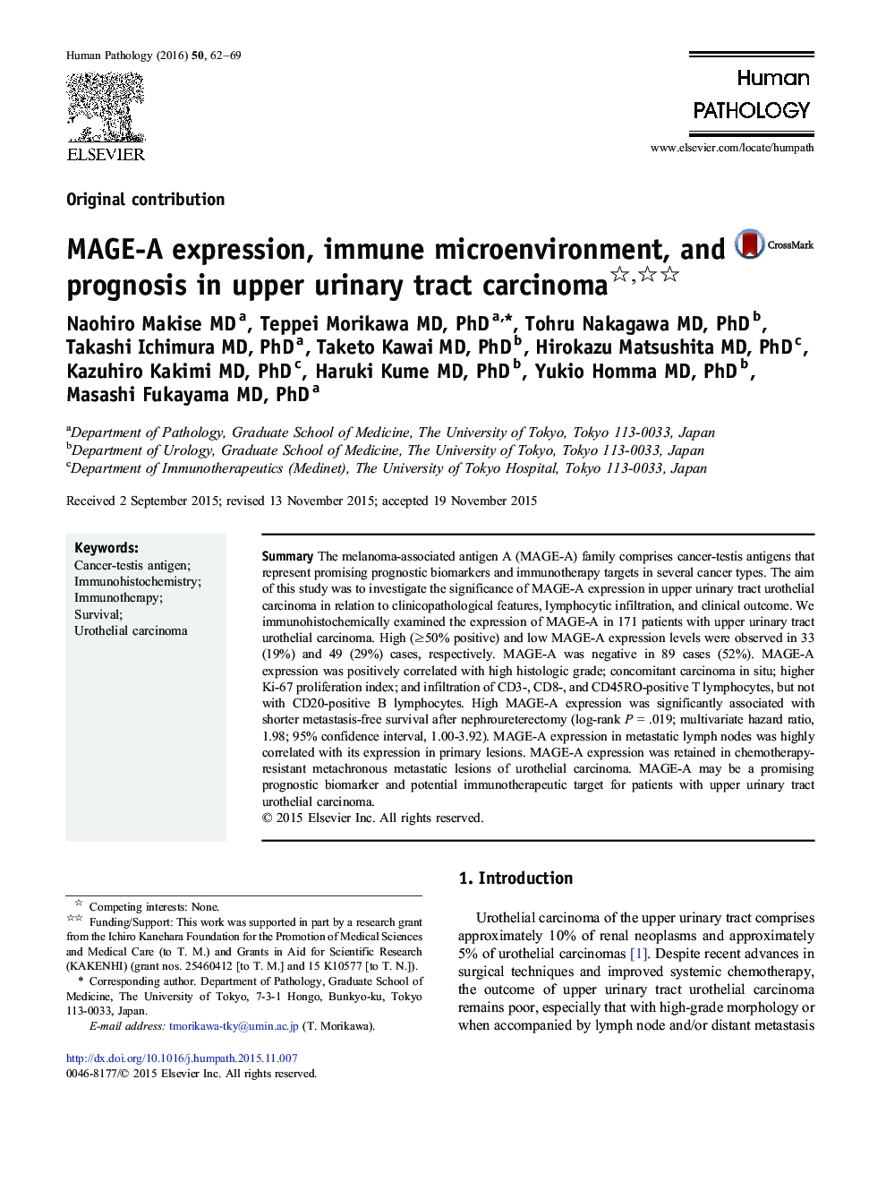 MAGE-A expression, immune microenvironment, and prognosis in upper urinary tract carcinoma