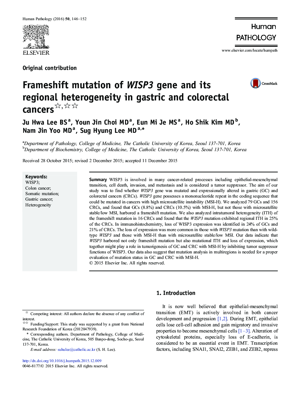 Frameshift mutation of WISP3 gene and its regional heterogeneity in gastric and colorectal cancers