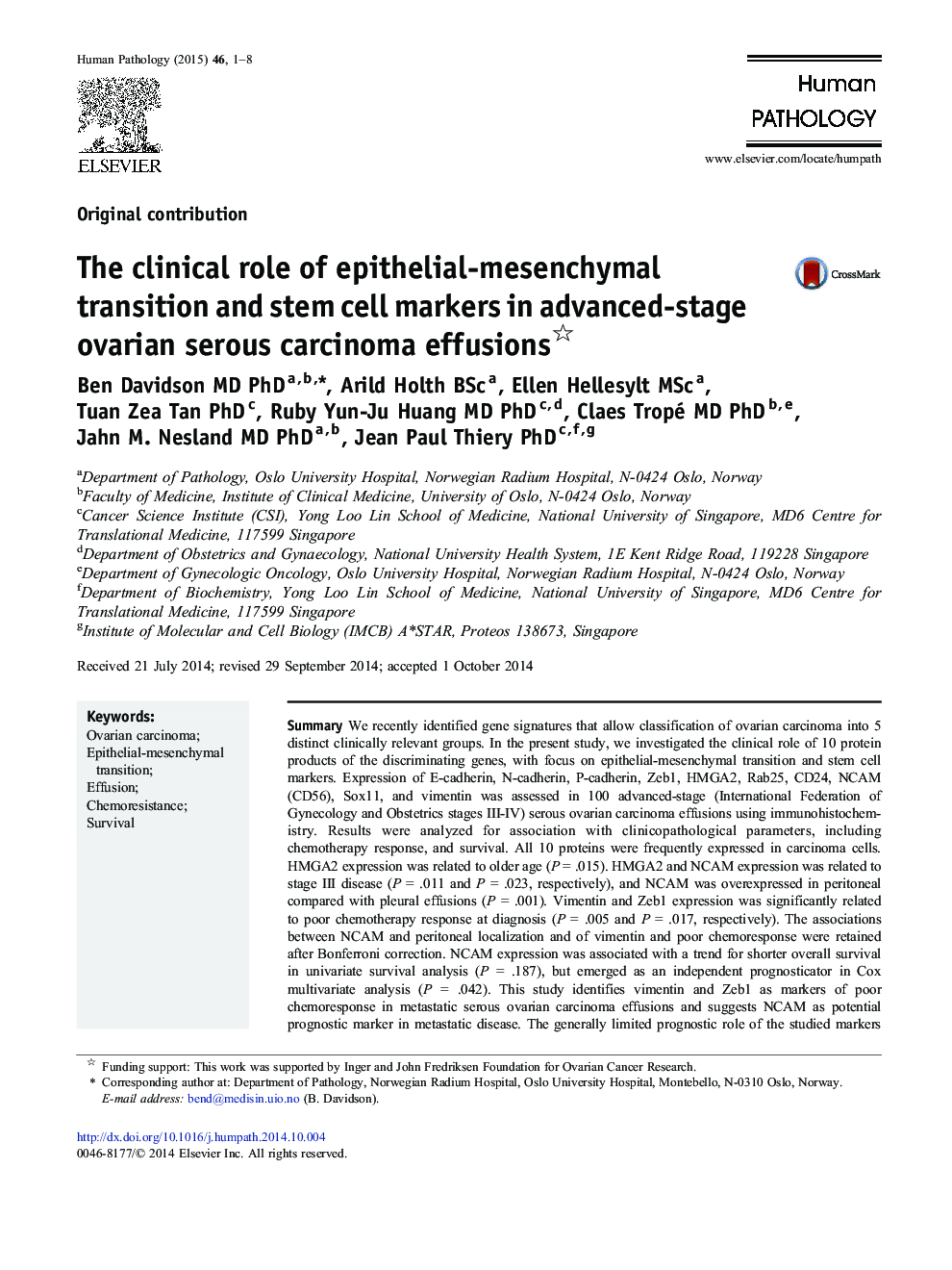 The clinical role of epithelial-mesenchymal transition and stem cell markers in advanced-stage ovarian serous carcinoma effusions