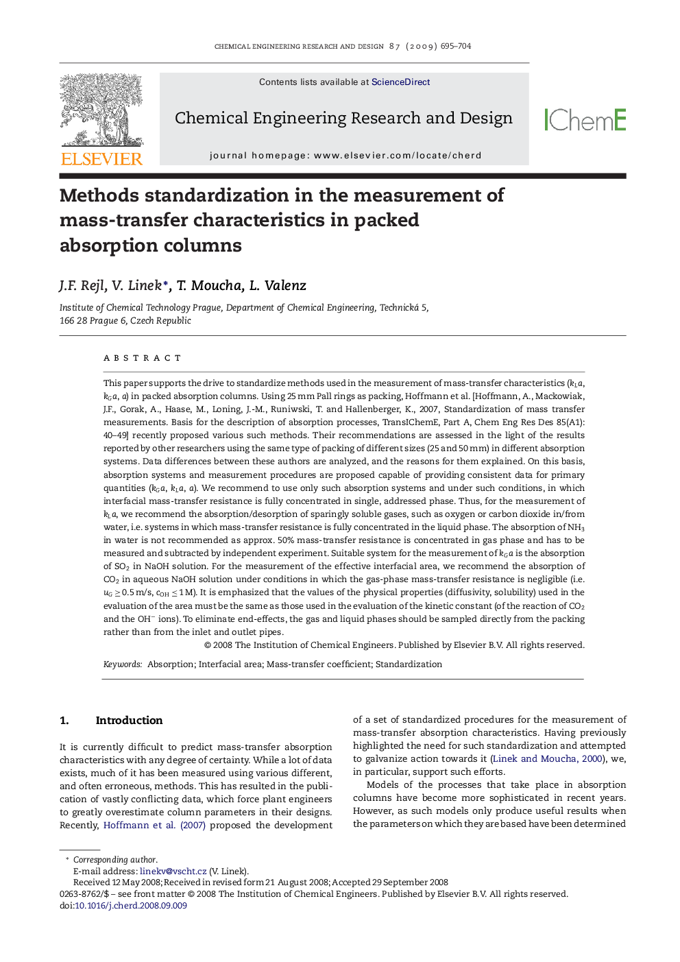 عکس صفحه اول مقاله: Methods standardization in the measurement of mass-transfer characteristics in packed absorption columns Methods standardization in the measurement of mass-transfer characteristics in packed absorption columns