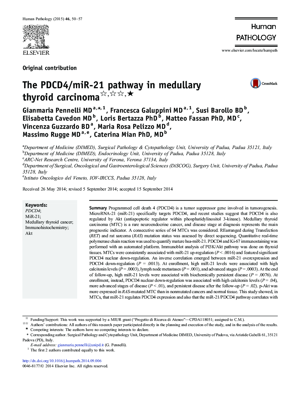 The PDCD4/miR-21 pathway in medullary thyroid carcinomaâ