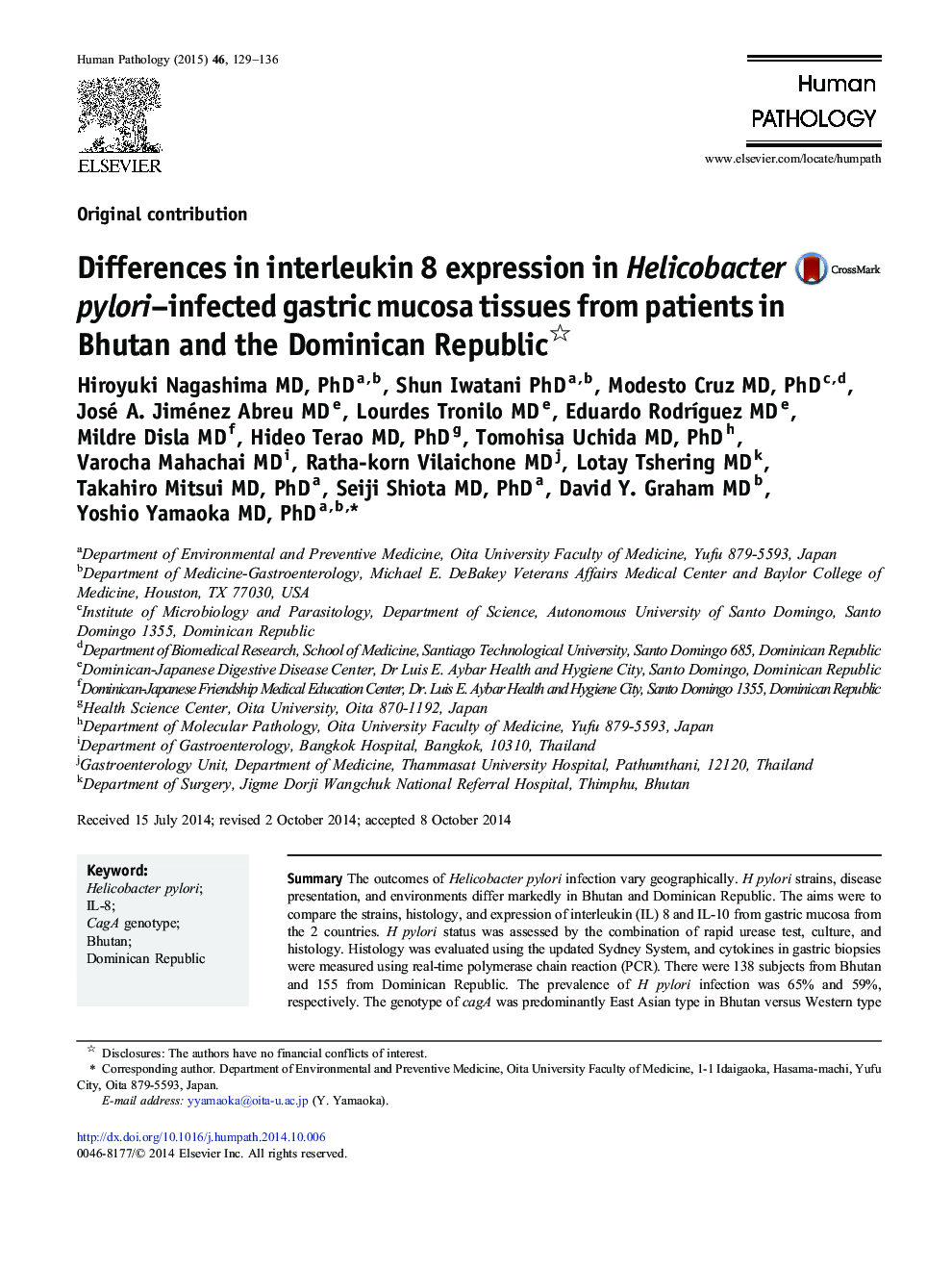 Differences in interleukin 8 expression in Helicobacter pylori-infected gastric mucosa tissues from patients in Bhutan and the Dominican Republic