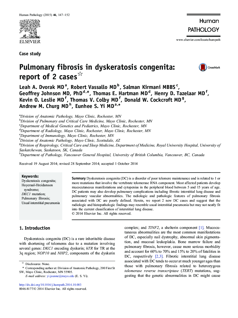 Pulmonary fibrosis in dyskeratosis congenita: report of 2 cases