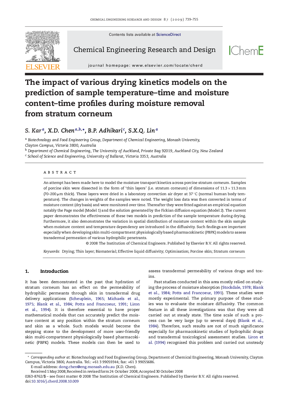 The impact of various drying kinetics models on the prediction of sample temperature–time and moisture content–time profiles during moisture removal from stratum corneum