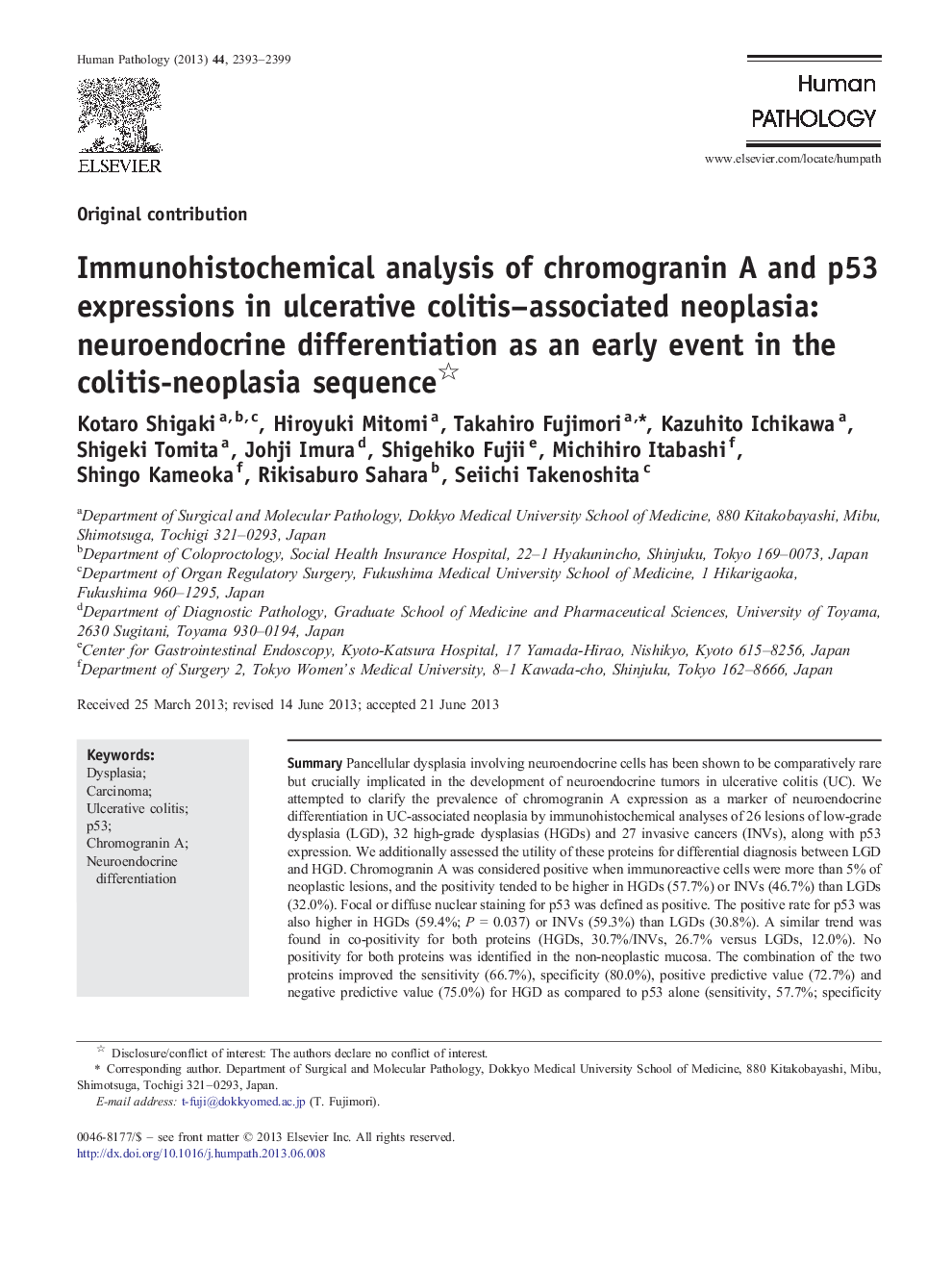 Immunohistochemical analysis of chromogranin A and p53 expressions in ulcerative colitis-associated neoplasia: neuroendocrine differentiation as an early event in the colitis-neoplasia sequence