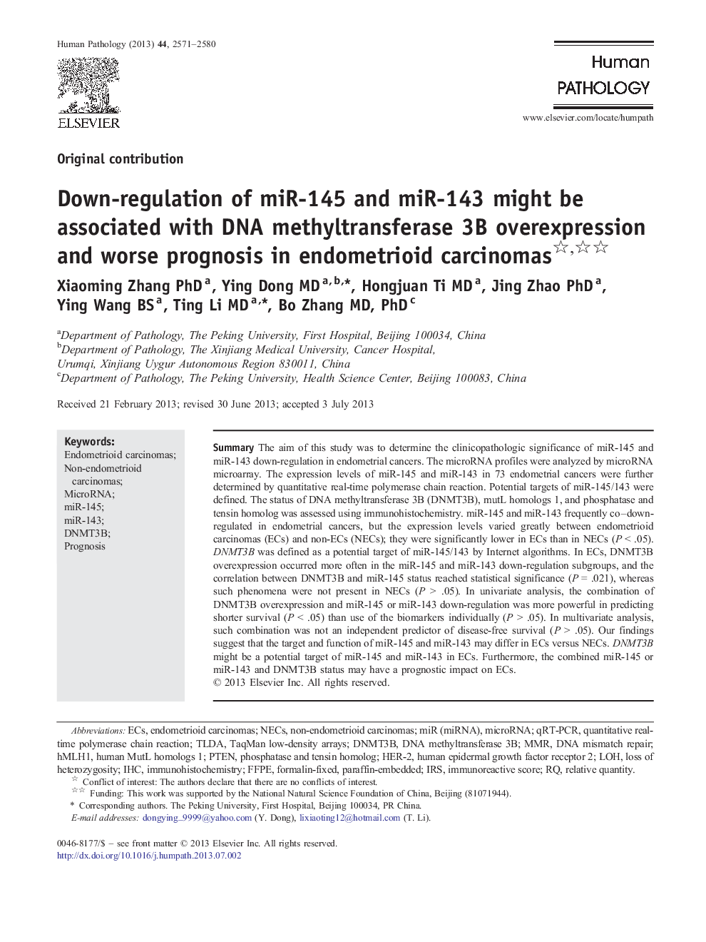 Down-regulation of miR-145 and miR-143 might be associated with DNA methyltransferase 3B overexpression and worse prognosis in endometrioid carcinomas