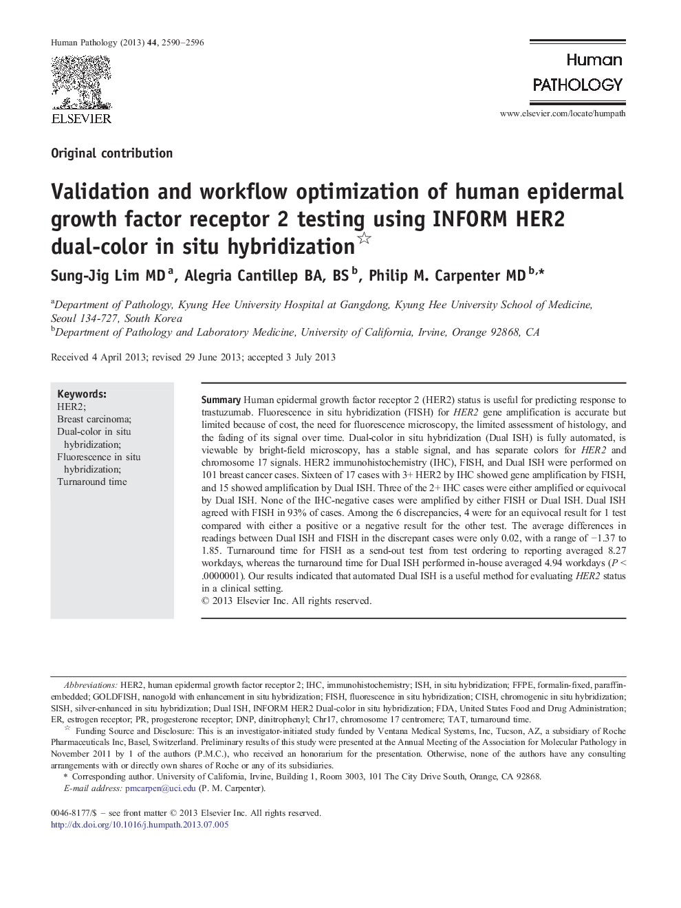 عکس صفحه اول مقاله: Validation and workflow optimization of human epidermal growth factor receptor 2 testing using INFORM HER2 dual-color in situ hybridization Validation and workflow optimization of human epidermal growth factor receptor 2 testing using INFORM HER2 dual-color in situ hybridization