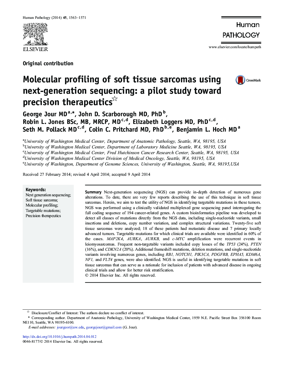 Molecular profiling of soft tissue sarcomas using next-generation sequencing: a pilot study toward precision therapeutics