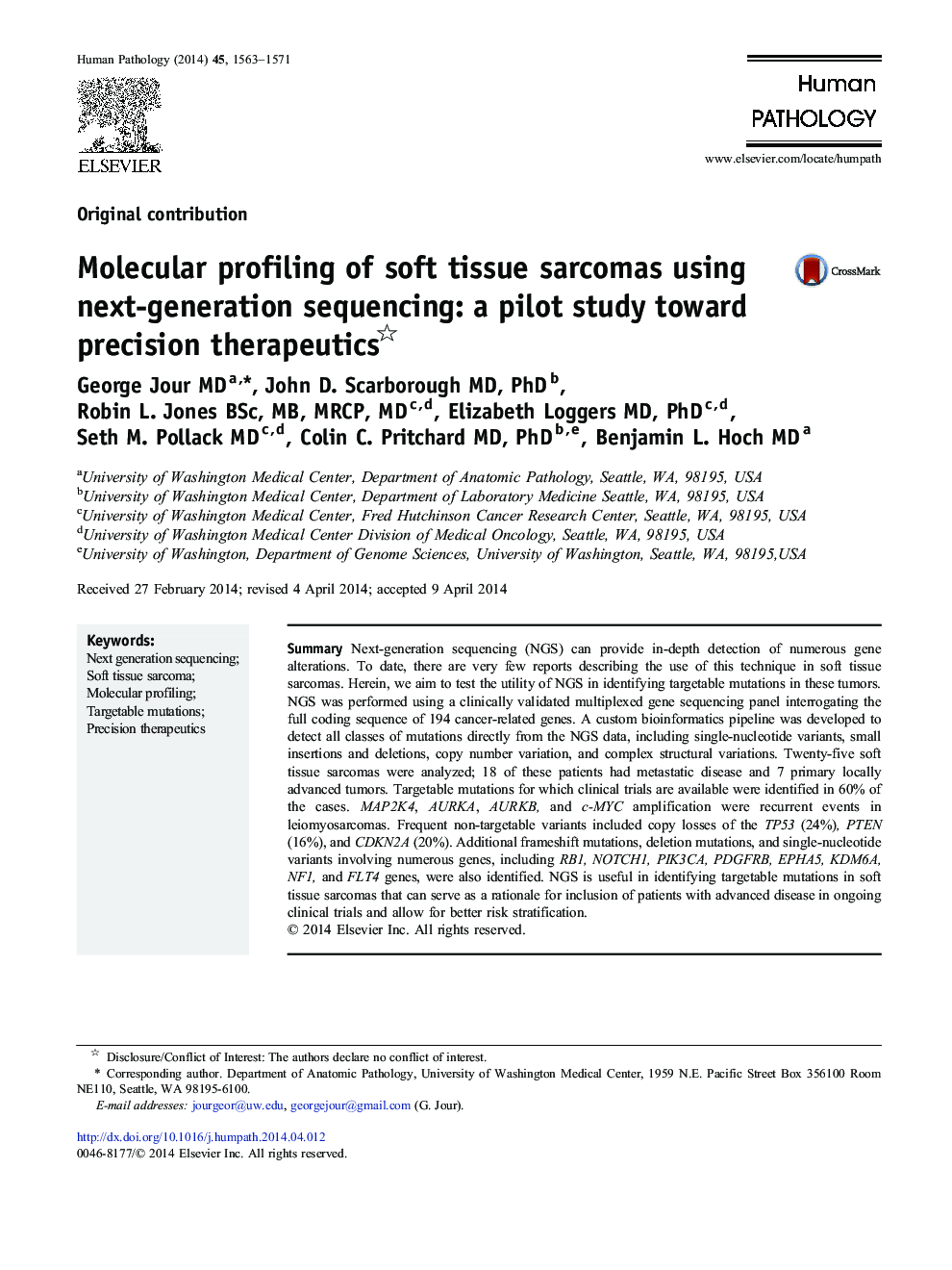 عکس صفحه اول مقاله: Molecular profiling of soft tissue sarcomas using next-generation sequencing: a pilot study toward precision therapeutics Molecular profiling of soft tissue sarcomas using next-generation sequencing: a pilot study toward precision therapeutics