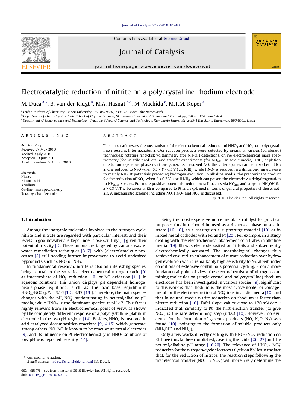 Electrocatalytic reduction of nitrite on a polycrystalline rhodium electrode