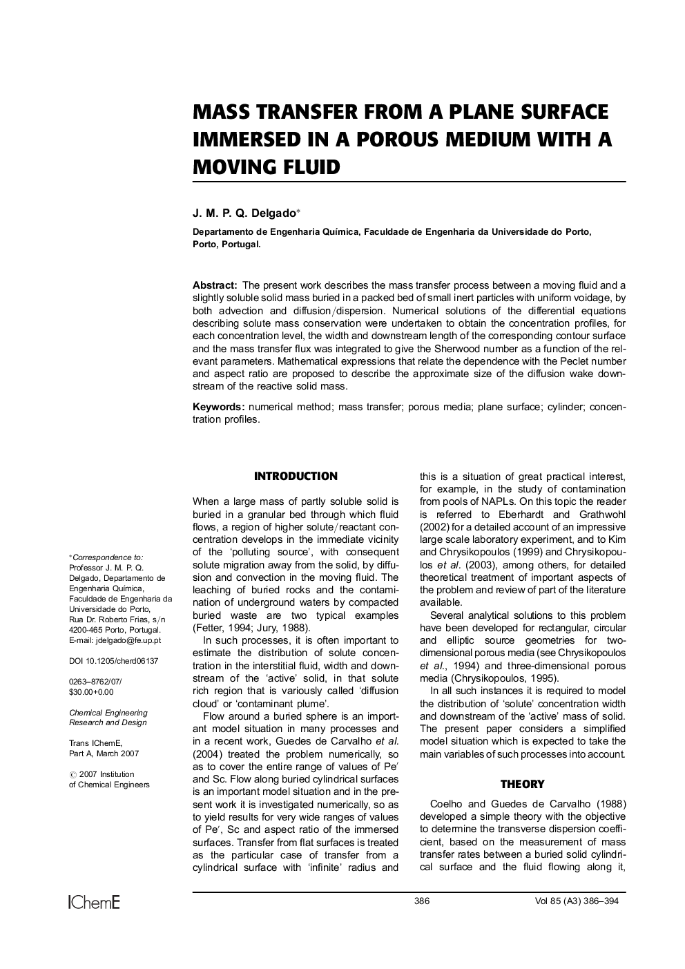 Mass Transfer from a Plane Surface Immersed in a Porous Medium with a Moving Fluid