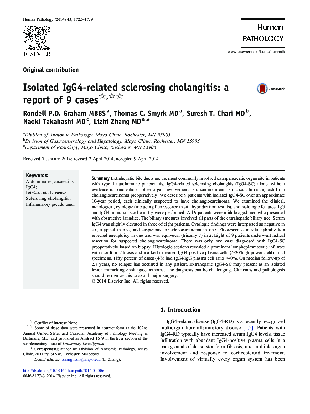 Isolated IgG4-related sclerosing cholangitis: a report of 9 cases