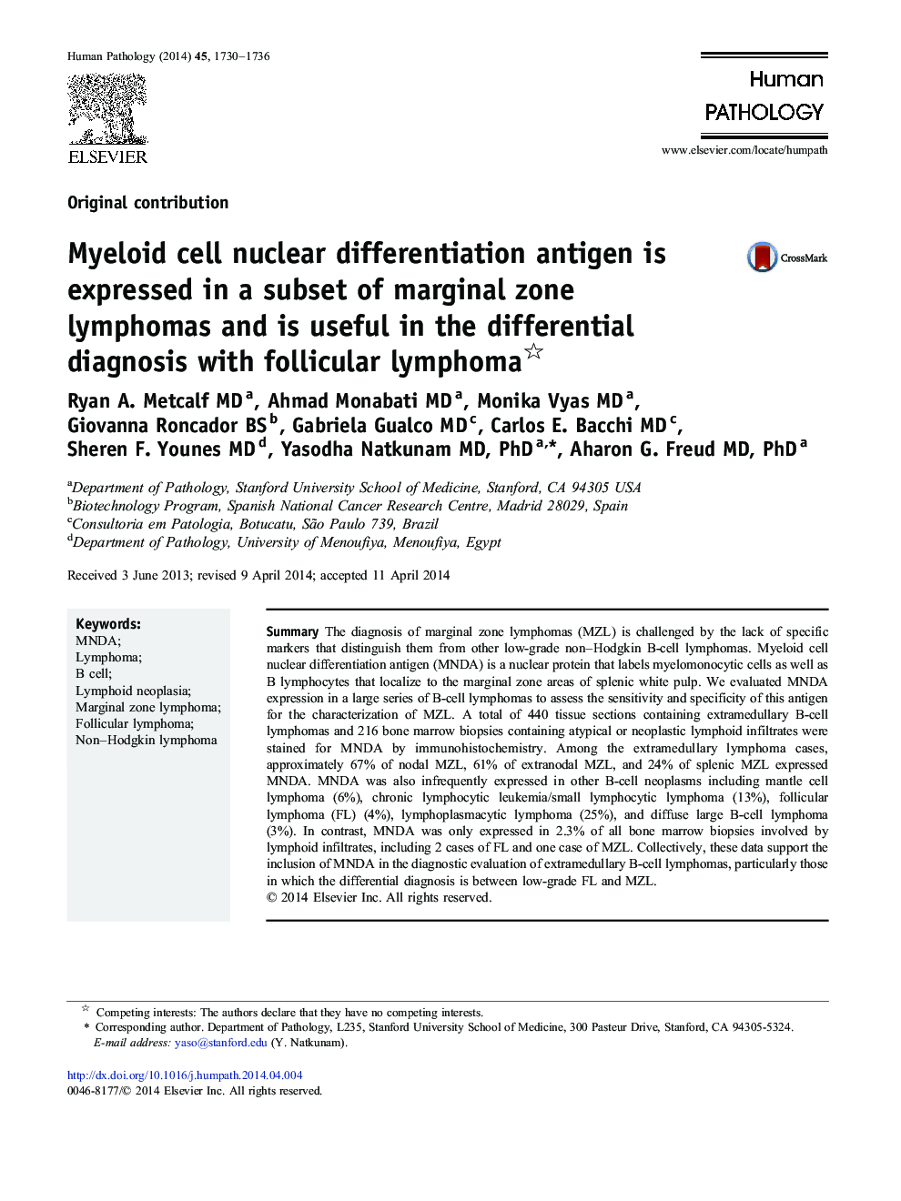 Myeloid cell nuclear differentiation antigen is expressed in a subset of marginal zone lymphomas and is useful in the differential diagnosis with follicular lymphoma