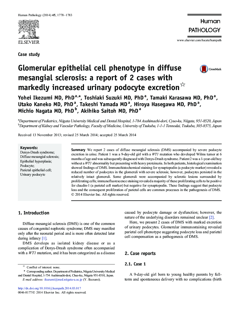 Glomerular epithelial cell phenotype in diffuse mesangial sclerosis: a report of 2 cases with markedly increased urinary podocyte excretion