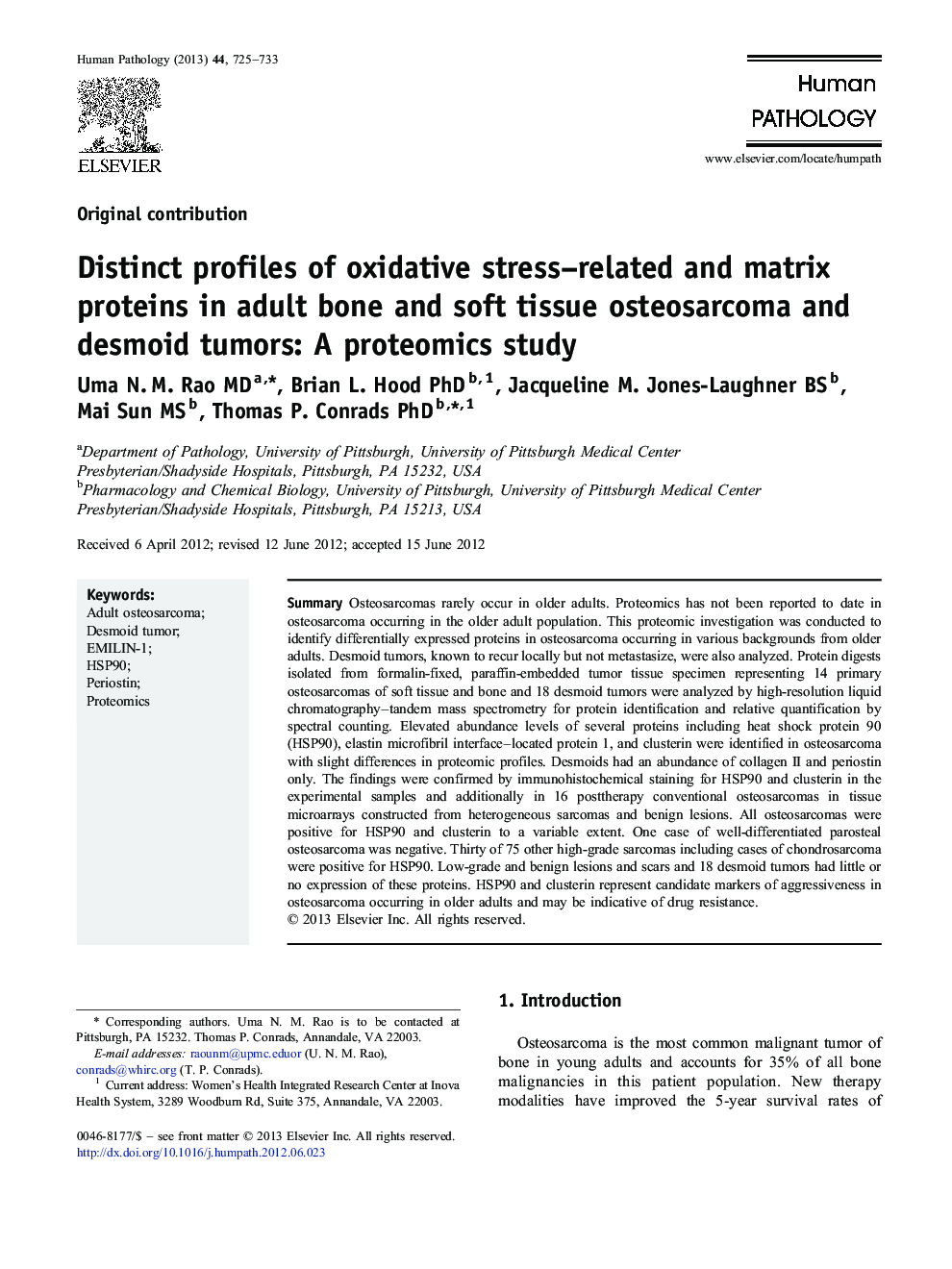 Distinct profiles of oxidative stress-related and matrix proteins in adult bone and soft tissue osteosarcoma and desmoid tumors: A proteomics study