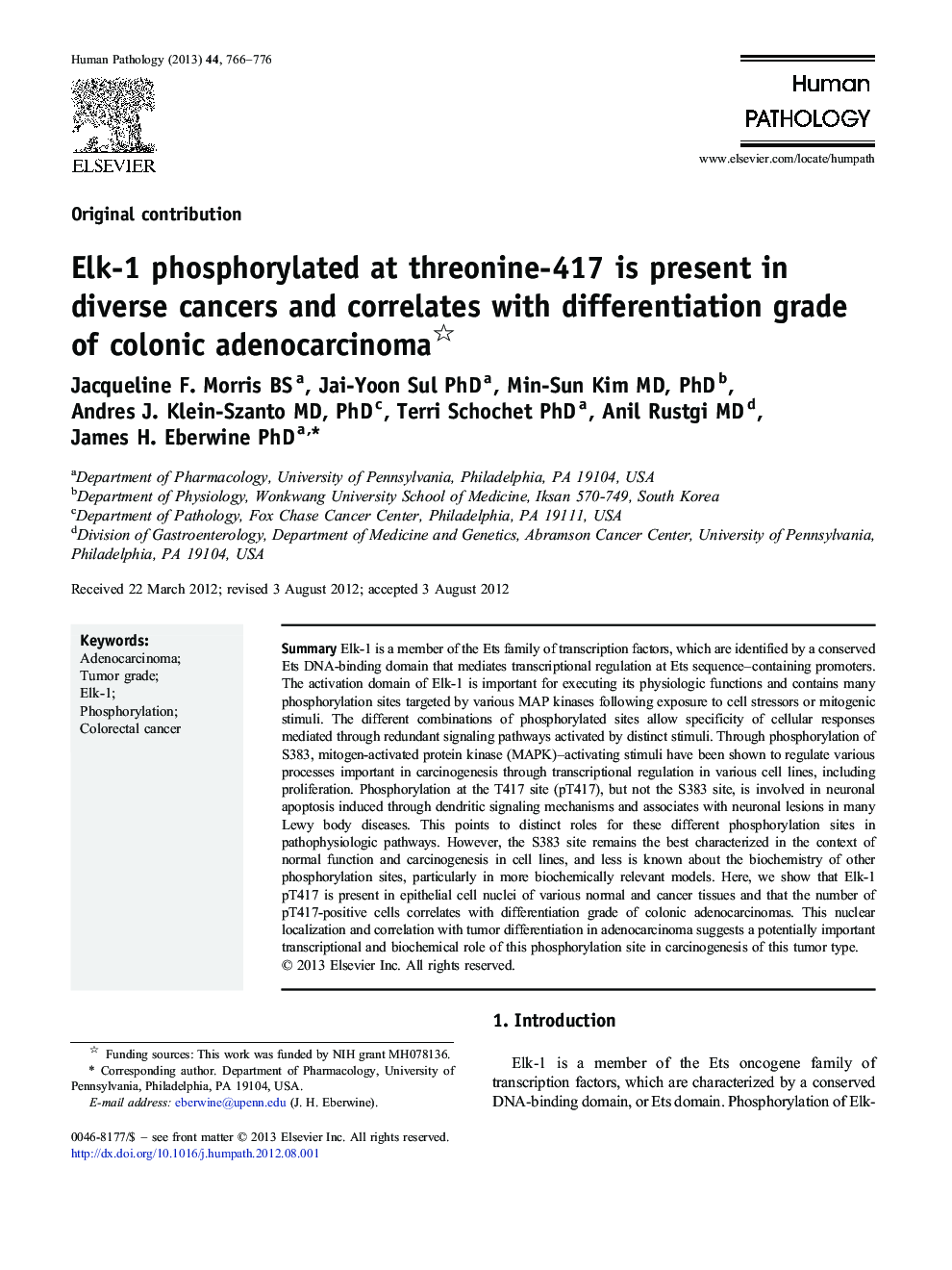 Elk-1 phosphorylated at threonine-417 is present in diverse cancers and correlates with differentiation grade of colonic adenocarcinoma