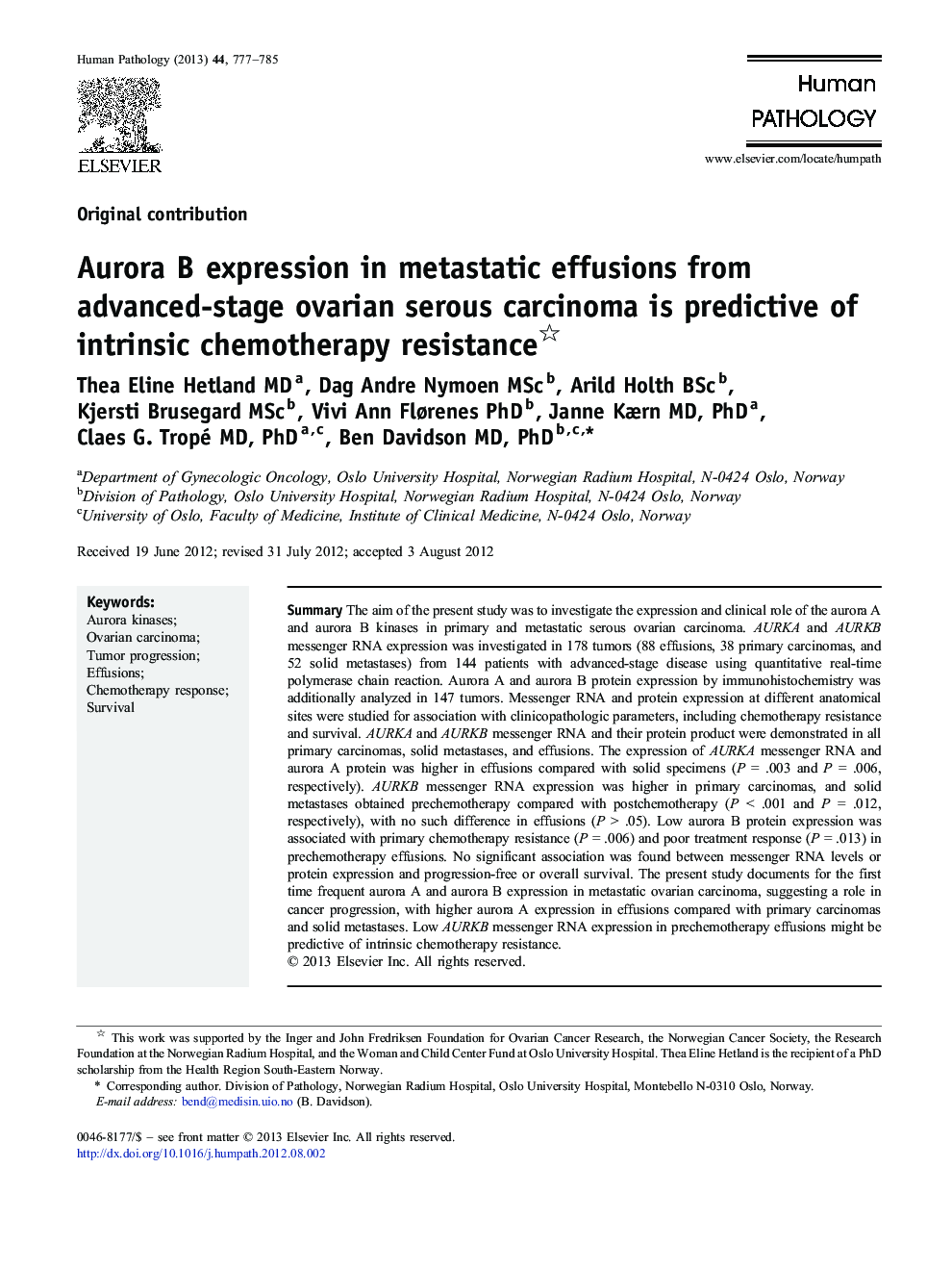 Aurora B expression in metastatic effusions from advanced-stage ovarian serous carcinoma is predictive of intrinsic chemotherapy resistance