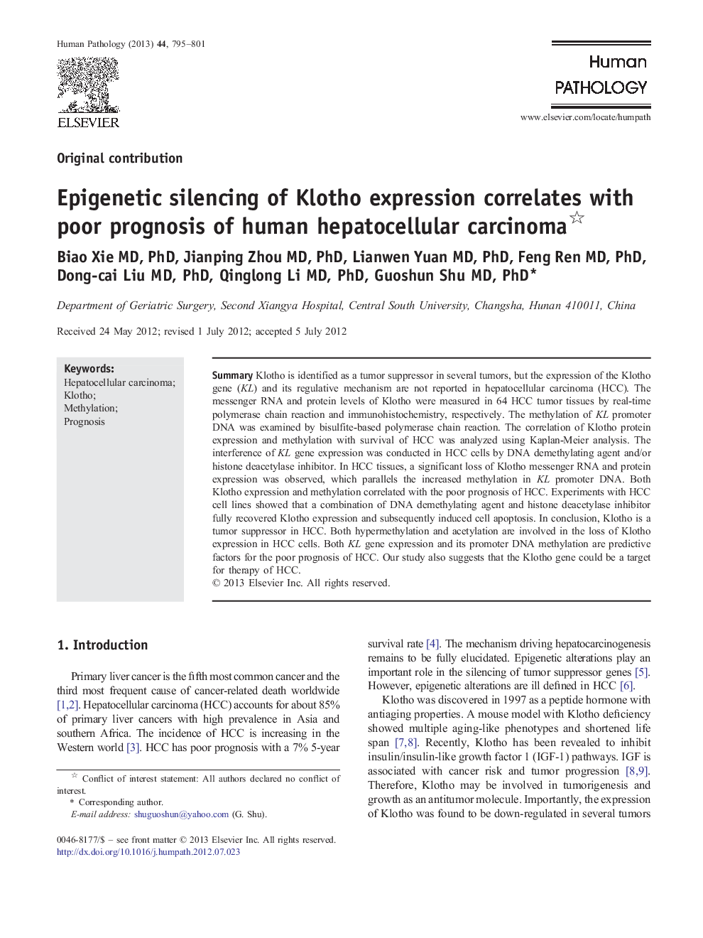 Epigenetic silencing of Klotho expression correlates with poor prognosis of human hepatocellular carcinoma