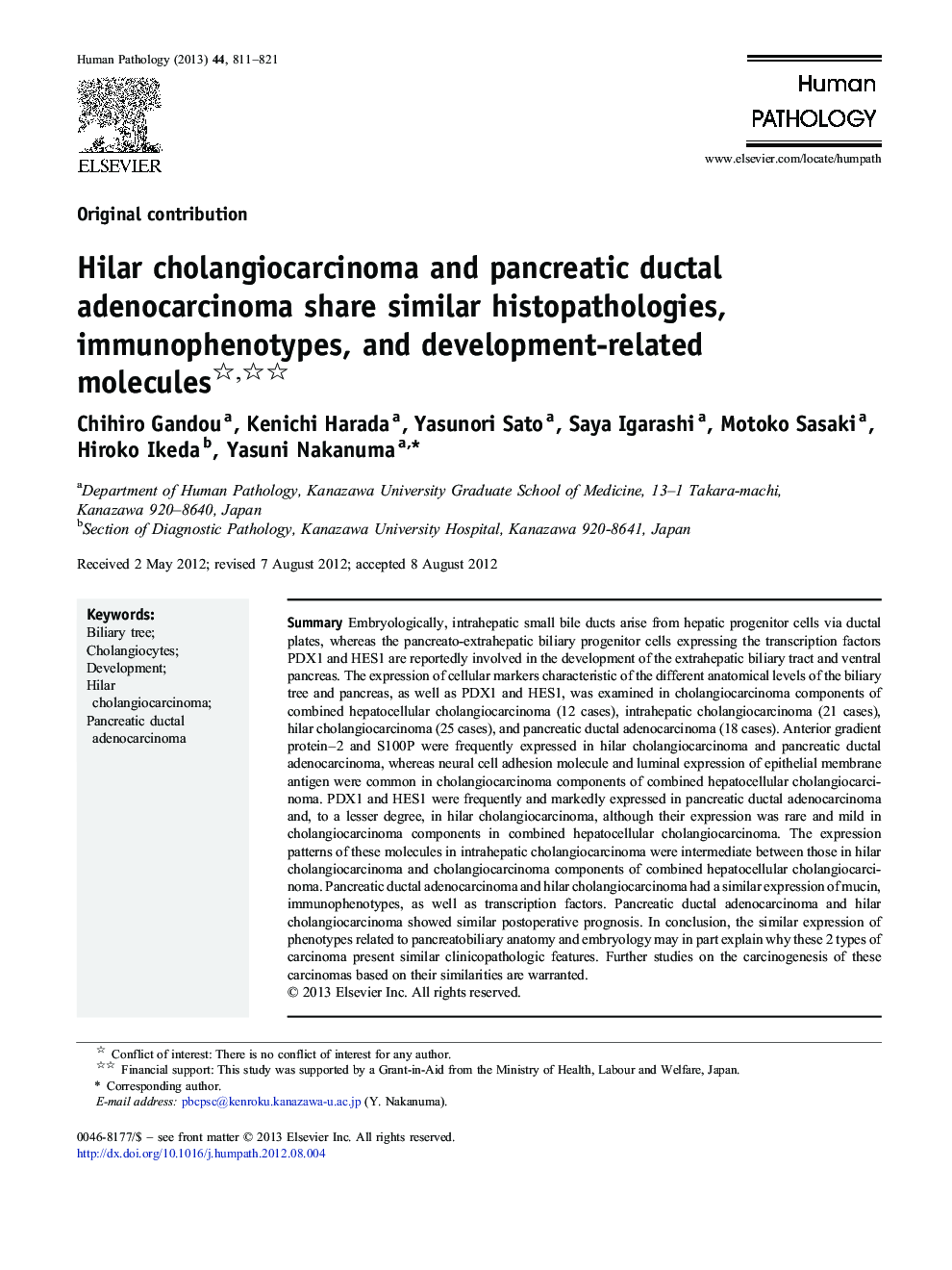 Hilar cholangiocarcinoma and pancreatic ductal adenocarcinoma share similar histopathologies, immunophenotypes, and development-related molecules