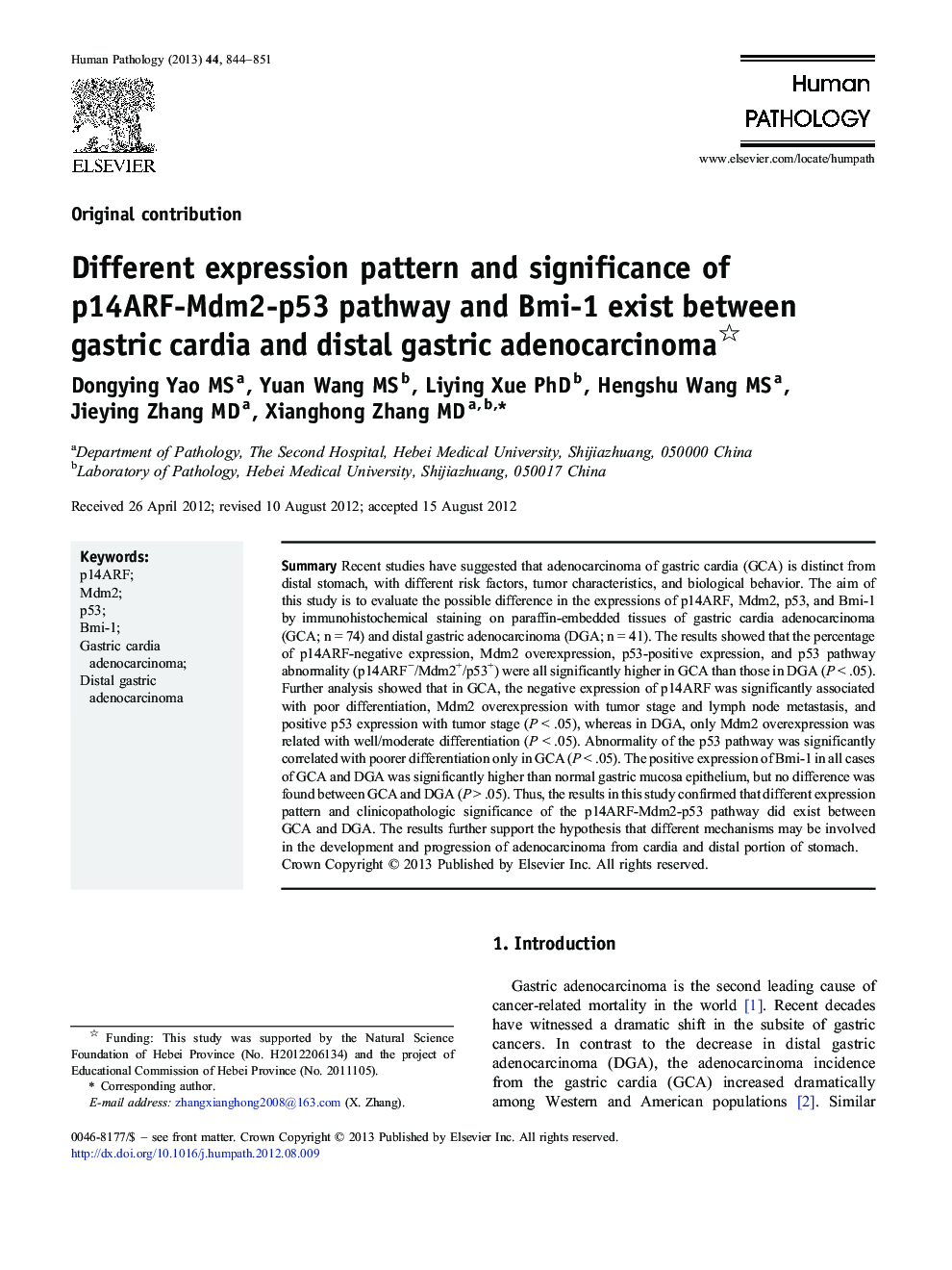 Different expression pattern and significance of p14ARF-Mdm2-p53 pathway and Bmi-1 exist between gastric cardia and distal gastric adenocarcinoma