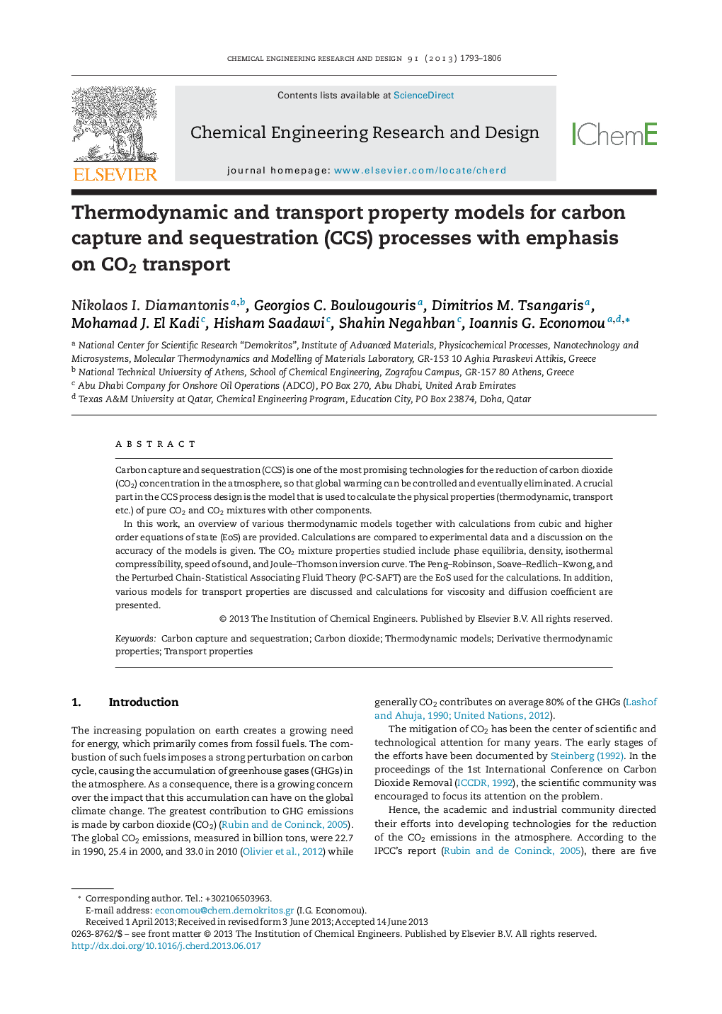 Thermodynamic and transport property models for carbon capture and sequestration (CCS) processes with emphasis on CO2 transport