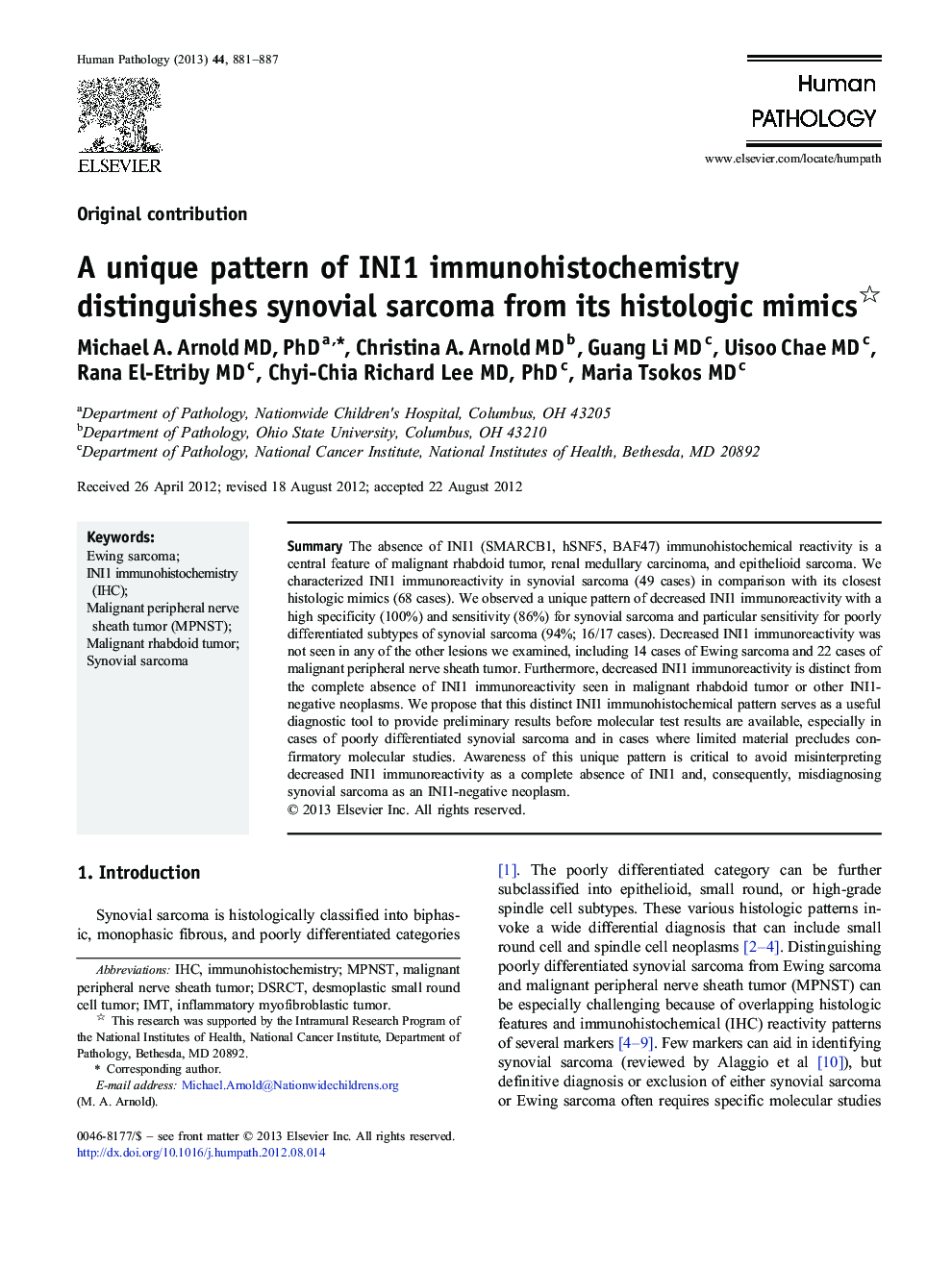 A unique pattern of INI1 immunohistochemistry distinguishes synovial sarcoma from its histologic mimics