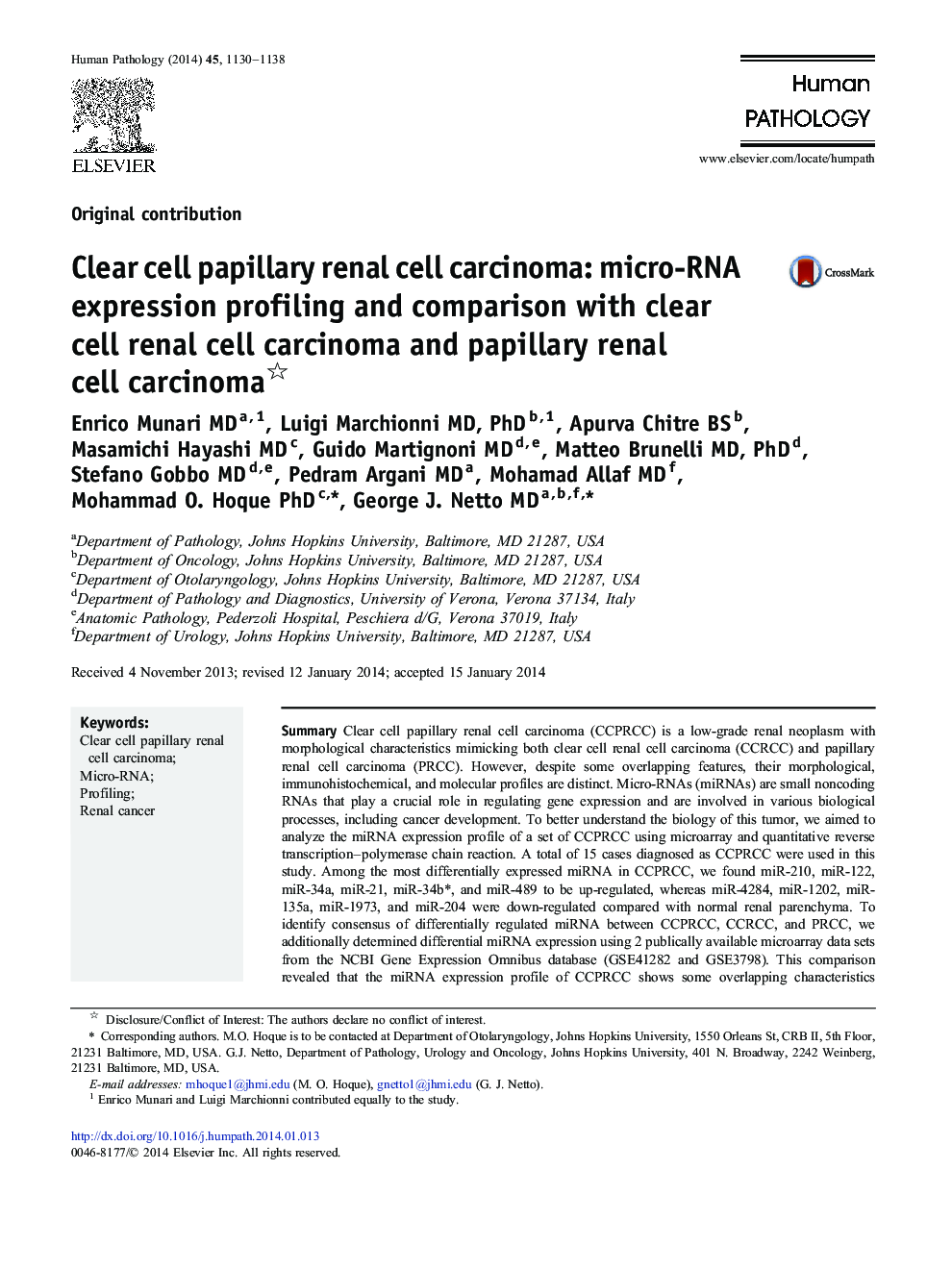 Clear cell papillary renal cell carcinoma: micro-RNA expression profiling and comparison with clear cell renal cell carcinoma and papillary renal cell carcinoma