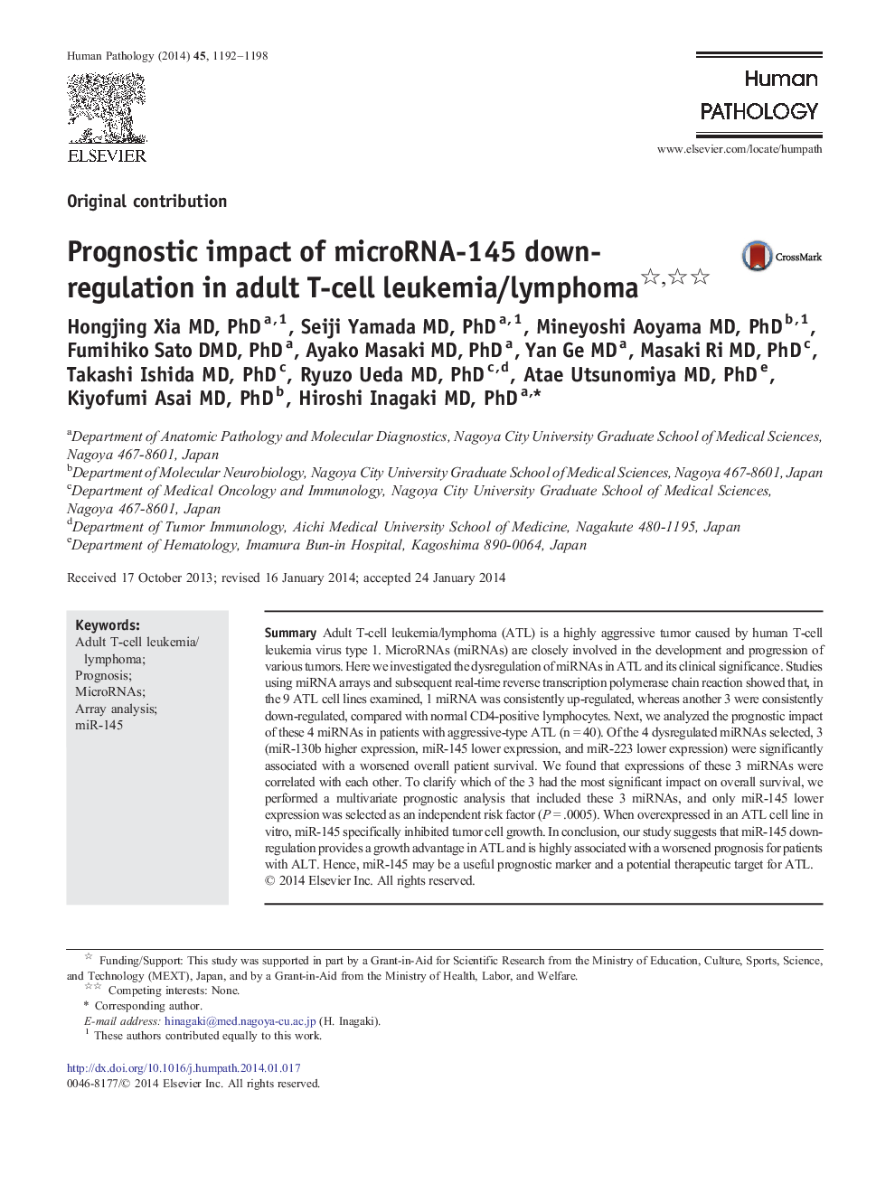 Prognostic impact of microRNA-145 down-regulation in adult T-cell leukemia/lymphoma