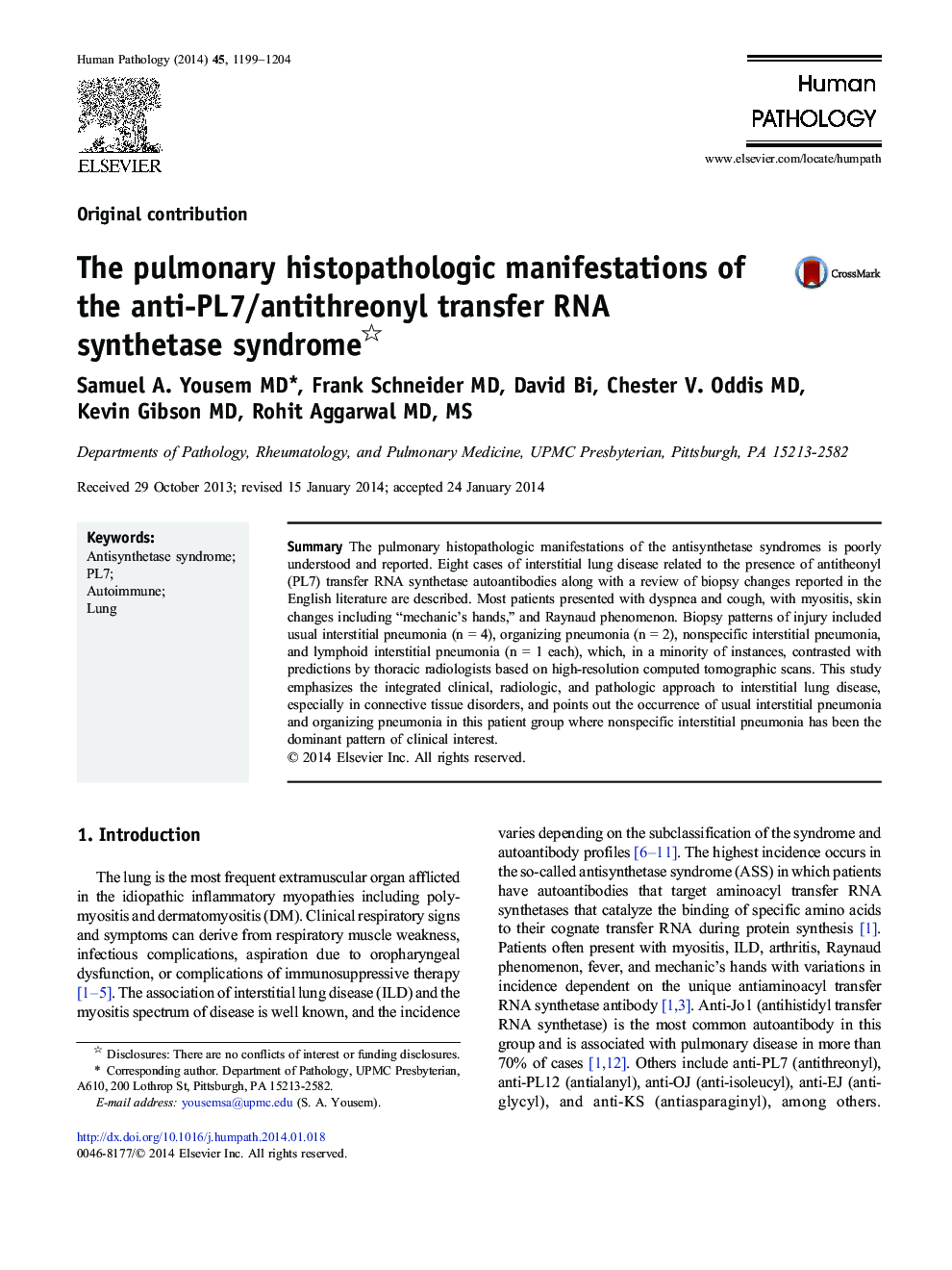 The pulmonary histopathologic manifestations of the anti-PL7/antithreonyl transfer RNA synthetase syndrome