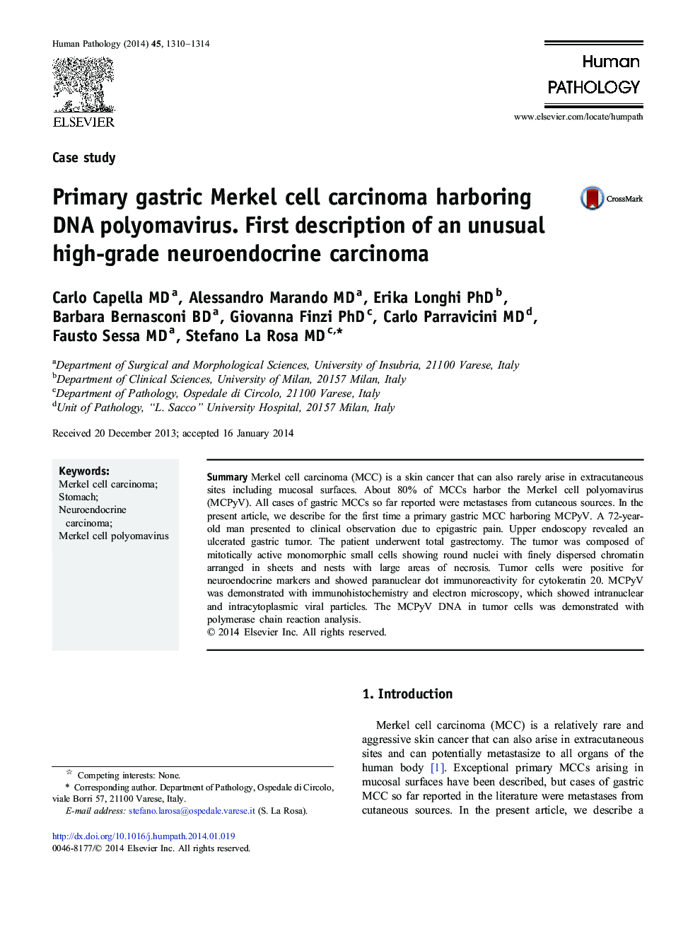 Primary gastric Merkel cell carcinoma harboring DNA polyomavirus: First description of an unusual high-grade neuroendocrine carcinoma