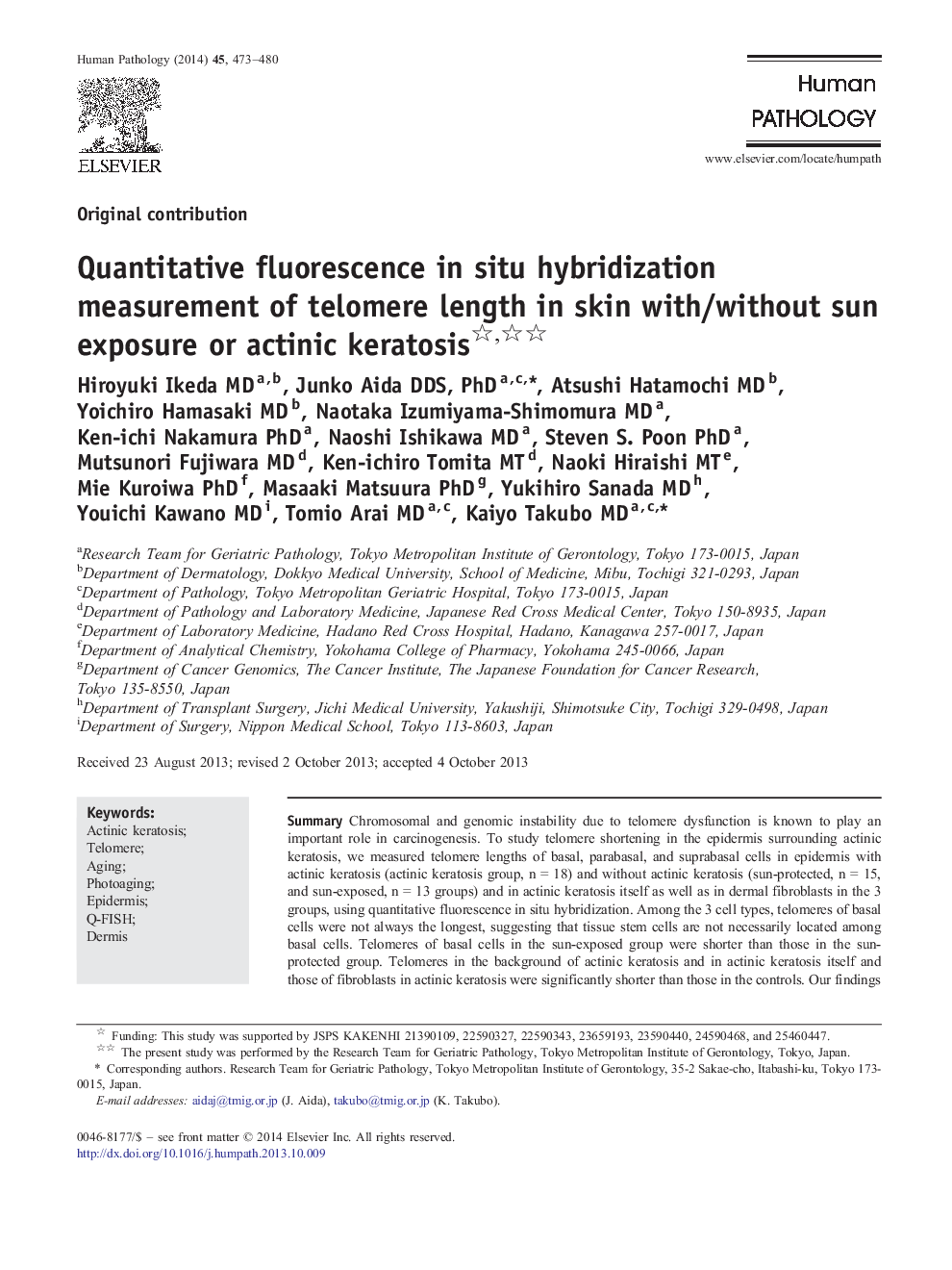 Quantitative fluorescence in situ hybridization measurement of telomere length in skin with/without sun exposure or actinic keratosis