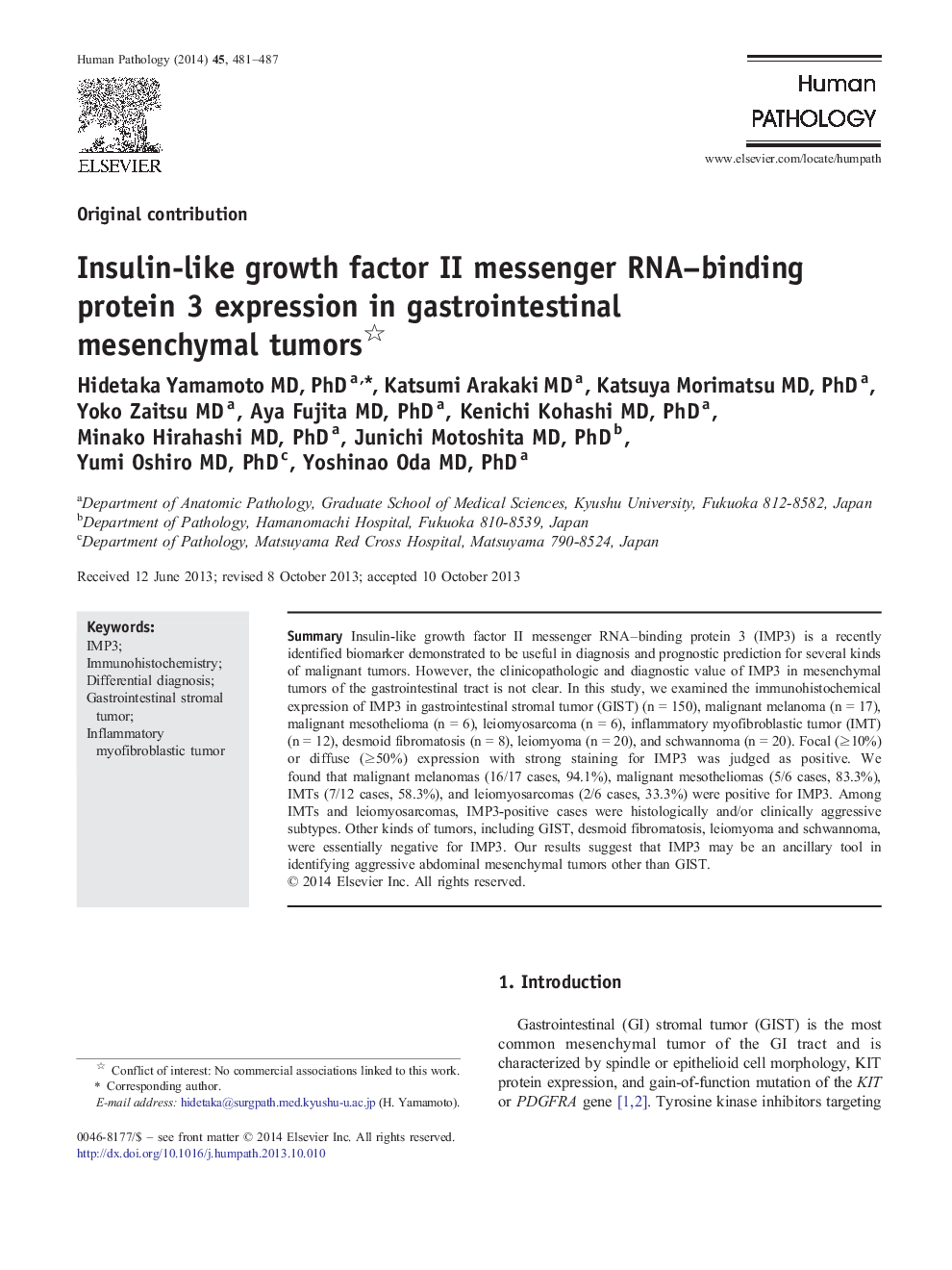 Insulin-like growth factor II messenger RNA-binding protein 3 expression in gastrointestinal mesenchymal tumors