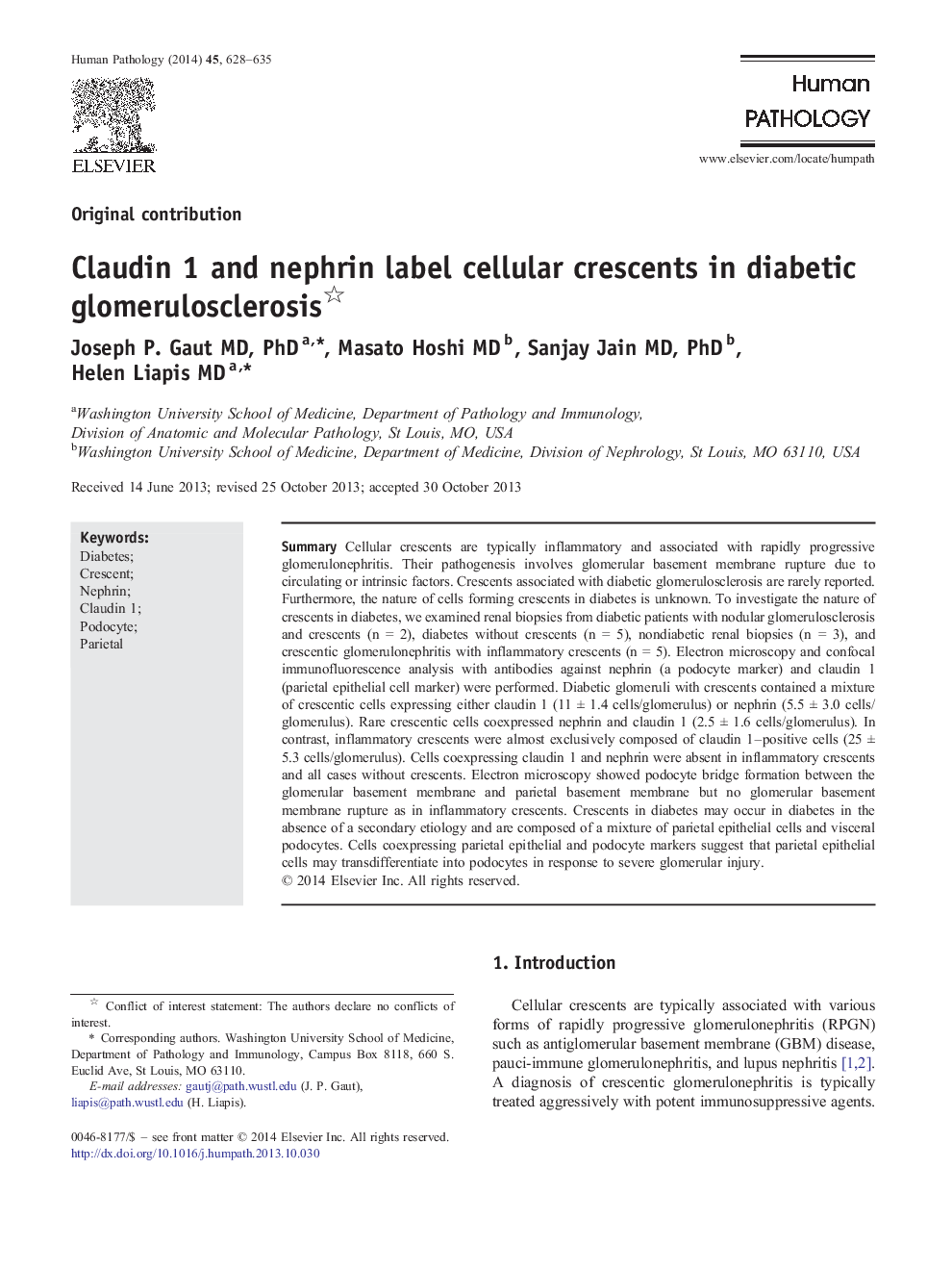 Claudin 1 and nephrin label cellular crescents in diabetic glomerulosclerosis