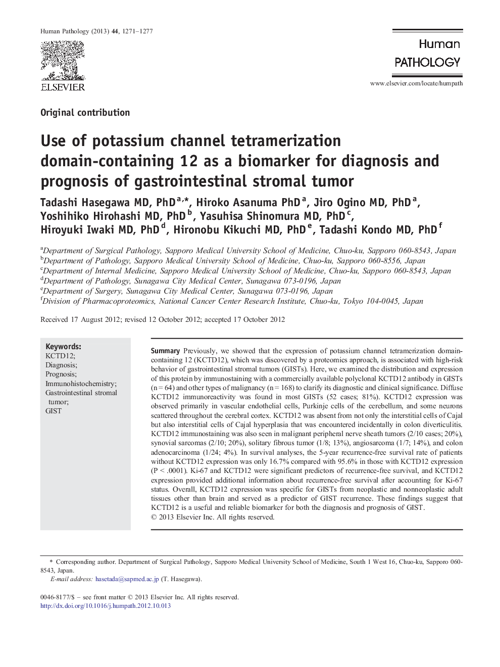 Use of potassium channel tetramerization domain-containing 12 as a biomarker for diagnosis and prognosis of gastrointestinal stromal tumor