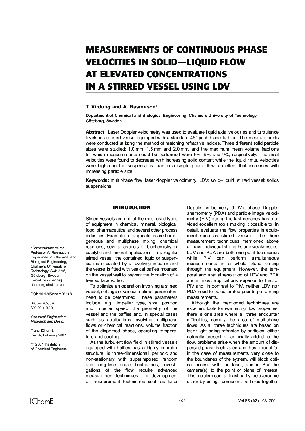 Measurements of Continuous Phase Velocities in Solid–Liquid Flow at Elevated Concentrations in a Stirred Vessel Using LDV