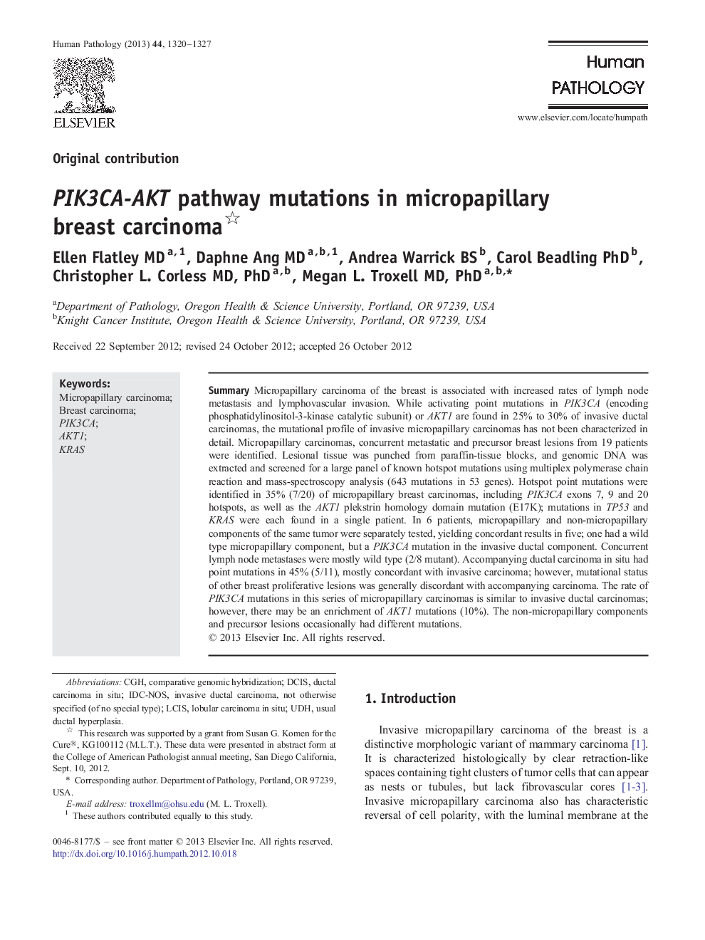 PIK3CA-AKT pathway mutations in micropapillary breast carcinoma