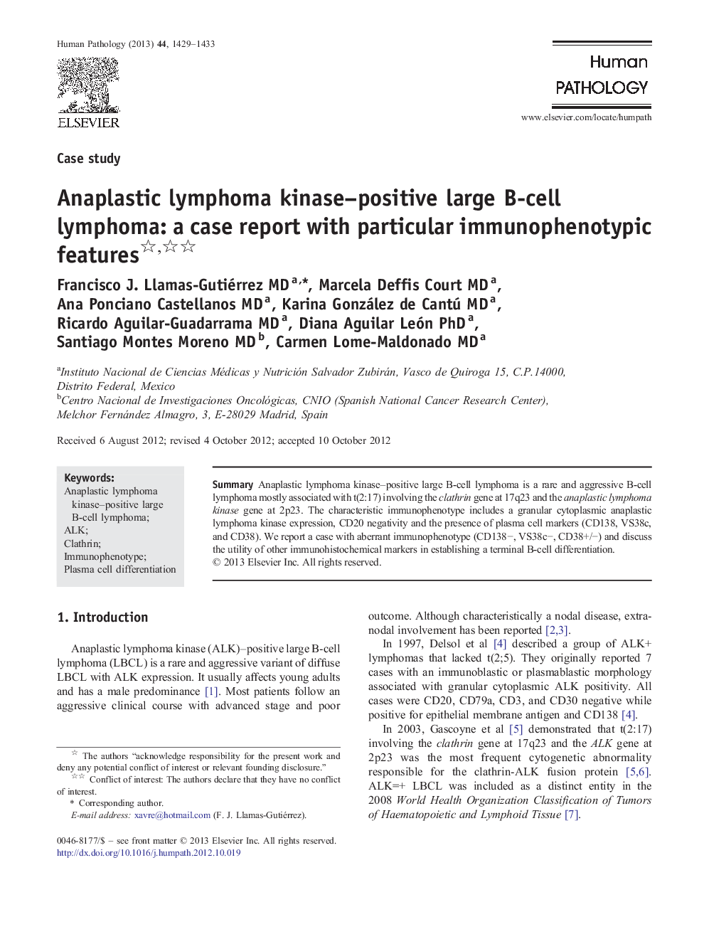 Anaplastic lymphoma kinase-positive large B-cell lymphoma: a case report with particular immunophenotypic features