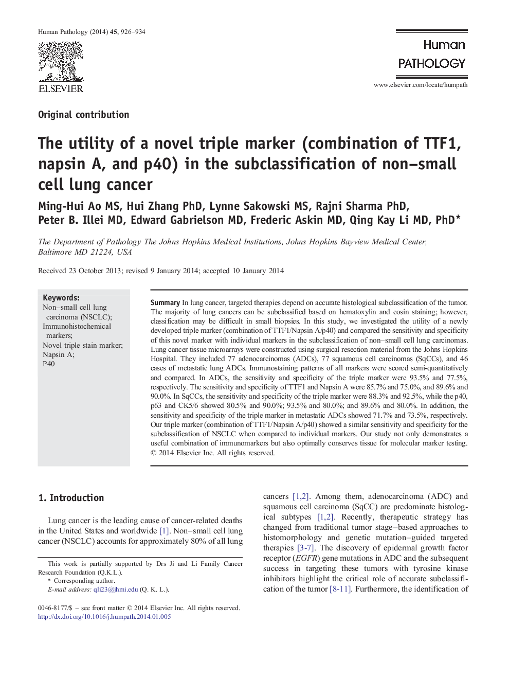 The utility of a novel triple marker (combination of TTF1, napsin A, and p40) in the subclassification of non-small cell lung cancer