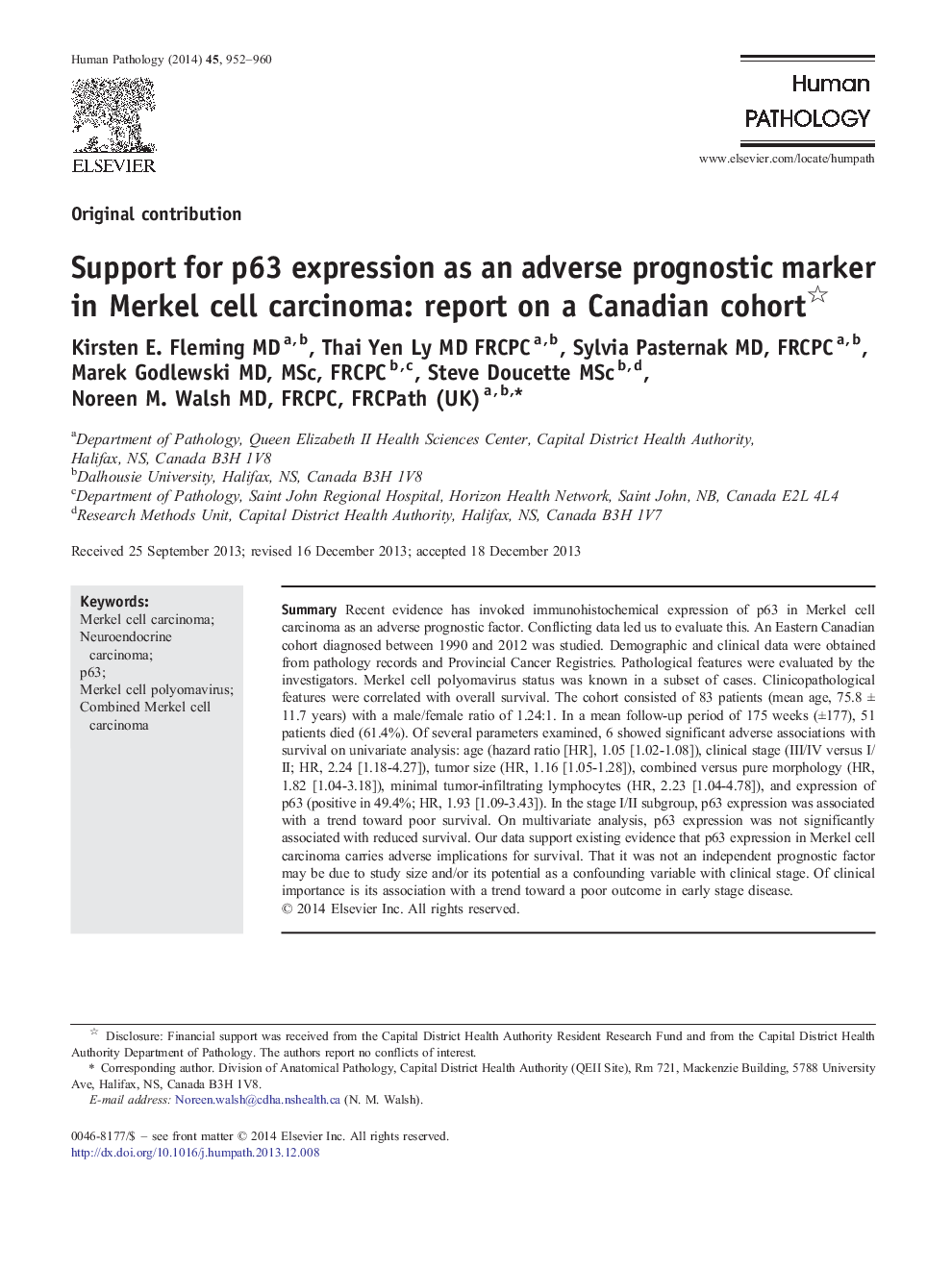 Support for p63 expression as an adverse prognostic marker in Merkel cell carcinoma: report on a Canadian cohort