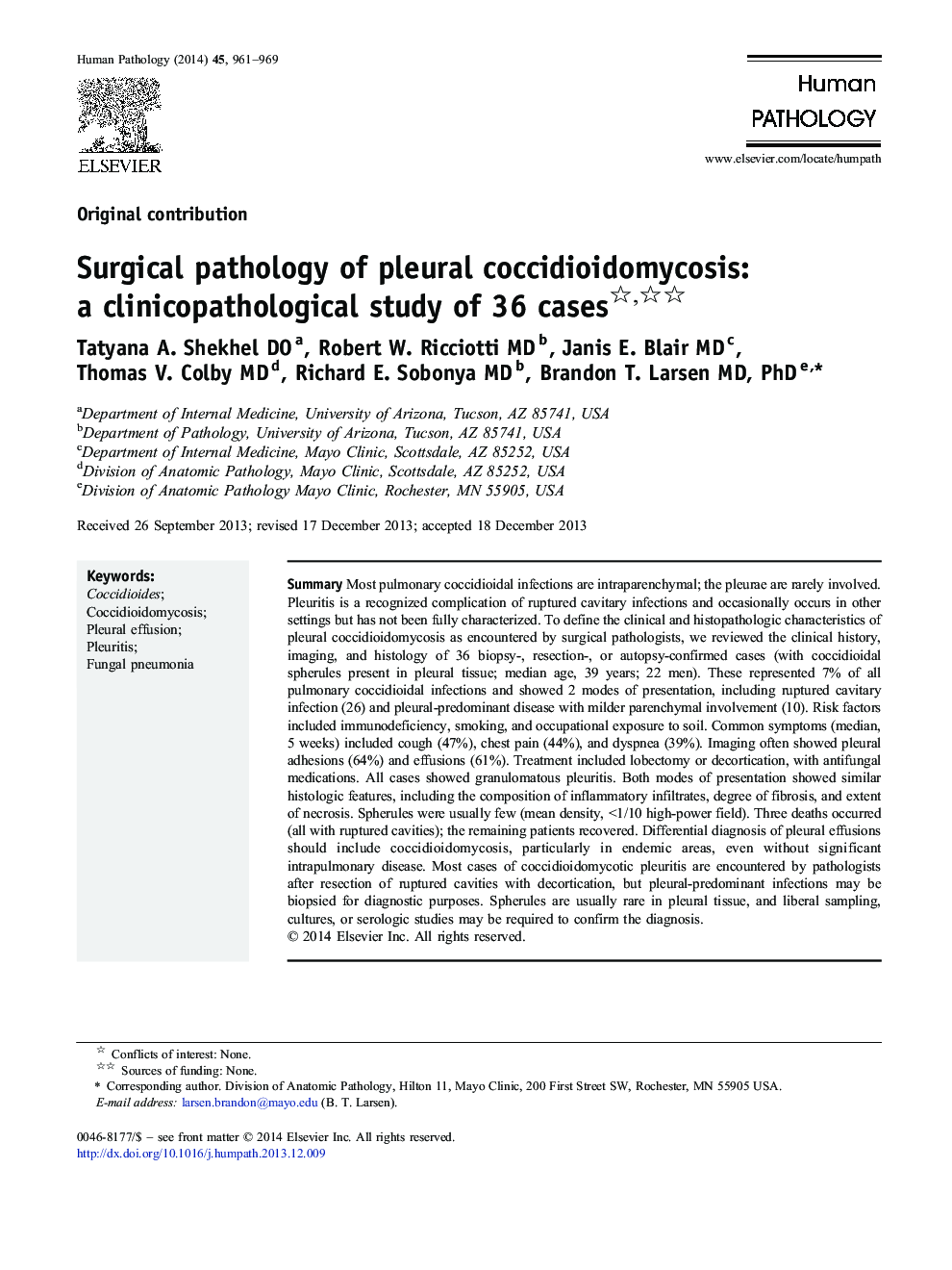 Surgical pathology of pleural coccidioidomycosis: a clinicopathological study of 36 cases
