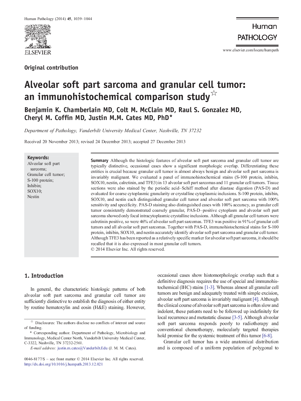 Alveolar soft part sarcoma and granular cell tumor: an immunohistochemical comparison study