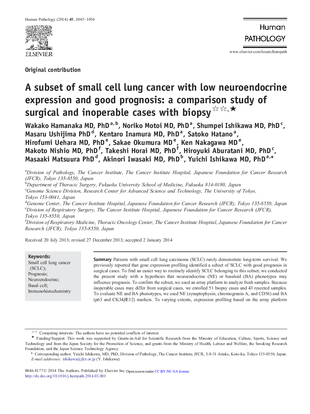 A subset of small cell lung cancer with low neuroendocrine expression and good prognosis: a comparison study of surgical and inoperable cases with biopsyâ