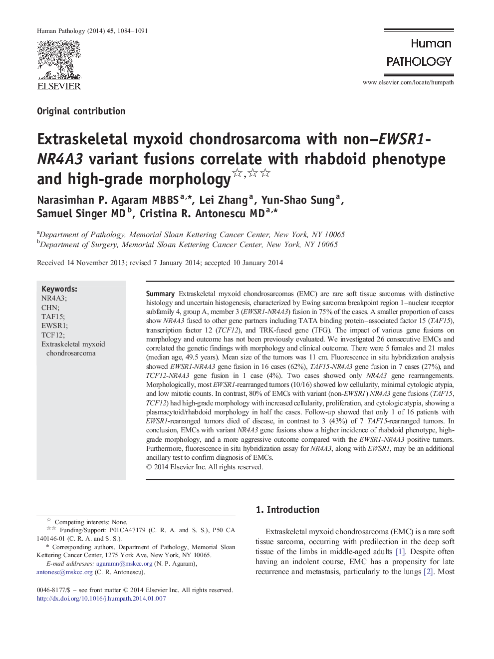 Extraskeletal myxoid chondrosarcoma with non-EWSR1-NR4A3 variant fusions correlate with rhabdoid phenotype and high-grade morphology