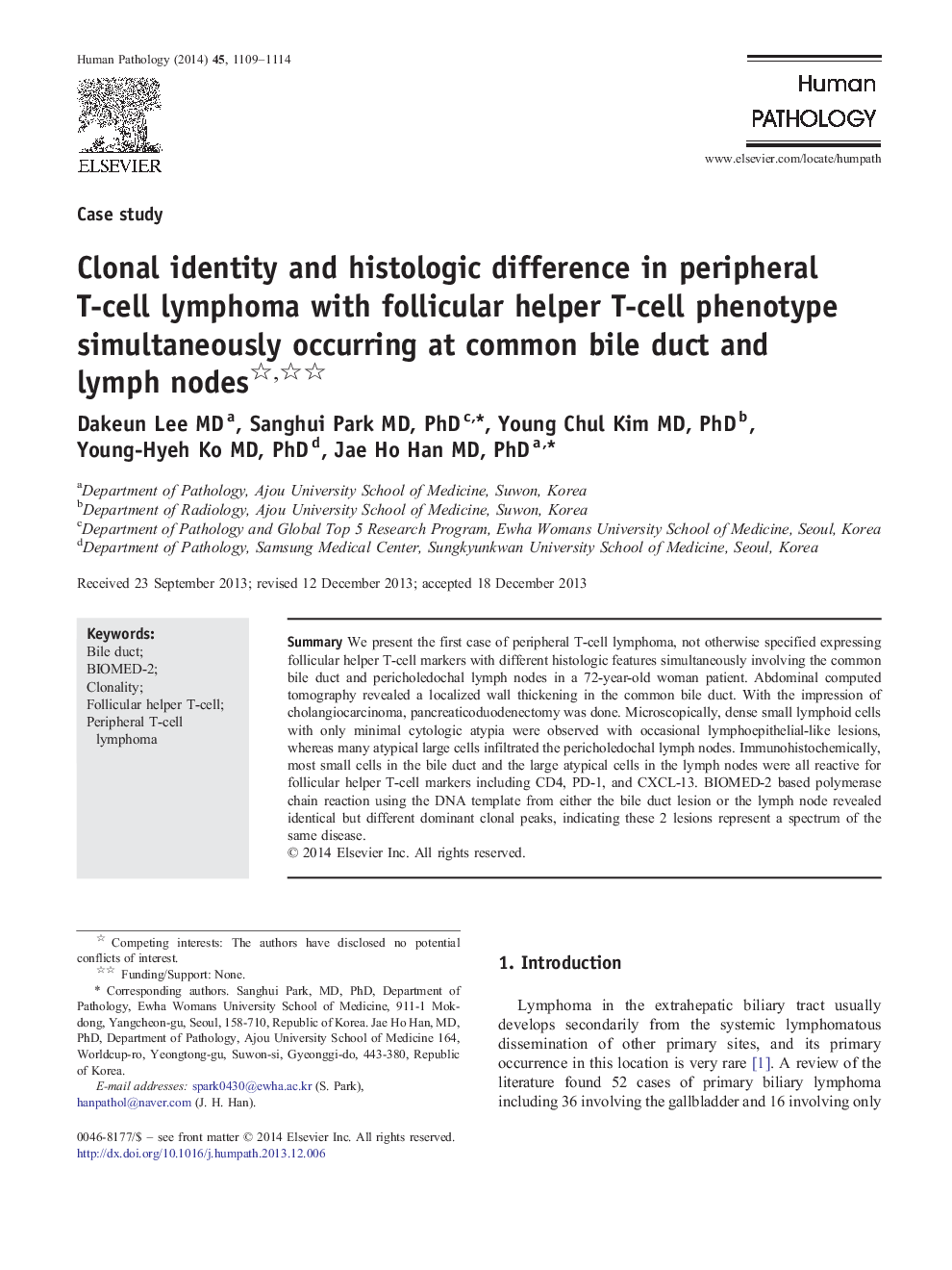 Clonal identity and histologic difference in peripheral T-cell lymphoma with follicular helper T-cell phenotype simultaneously occurring at common bile duct and lymph nodes