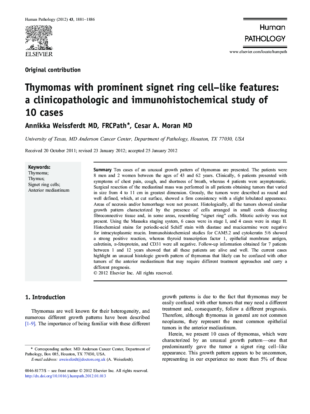 Thymomas with prominent signet ring cell-like features: a clinicopathologic and immunohistochemical study of 10 cases