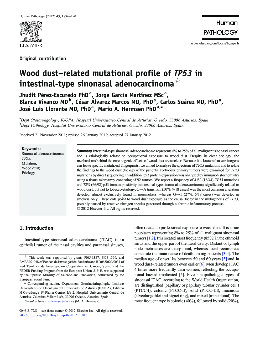 Wood dust-related mutational profile of TP53 in intestinal-type sinonasal adenocarcinoma